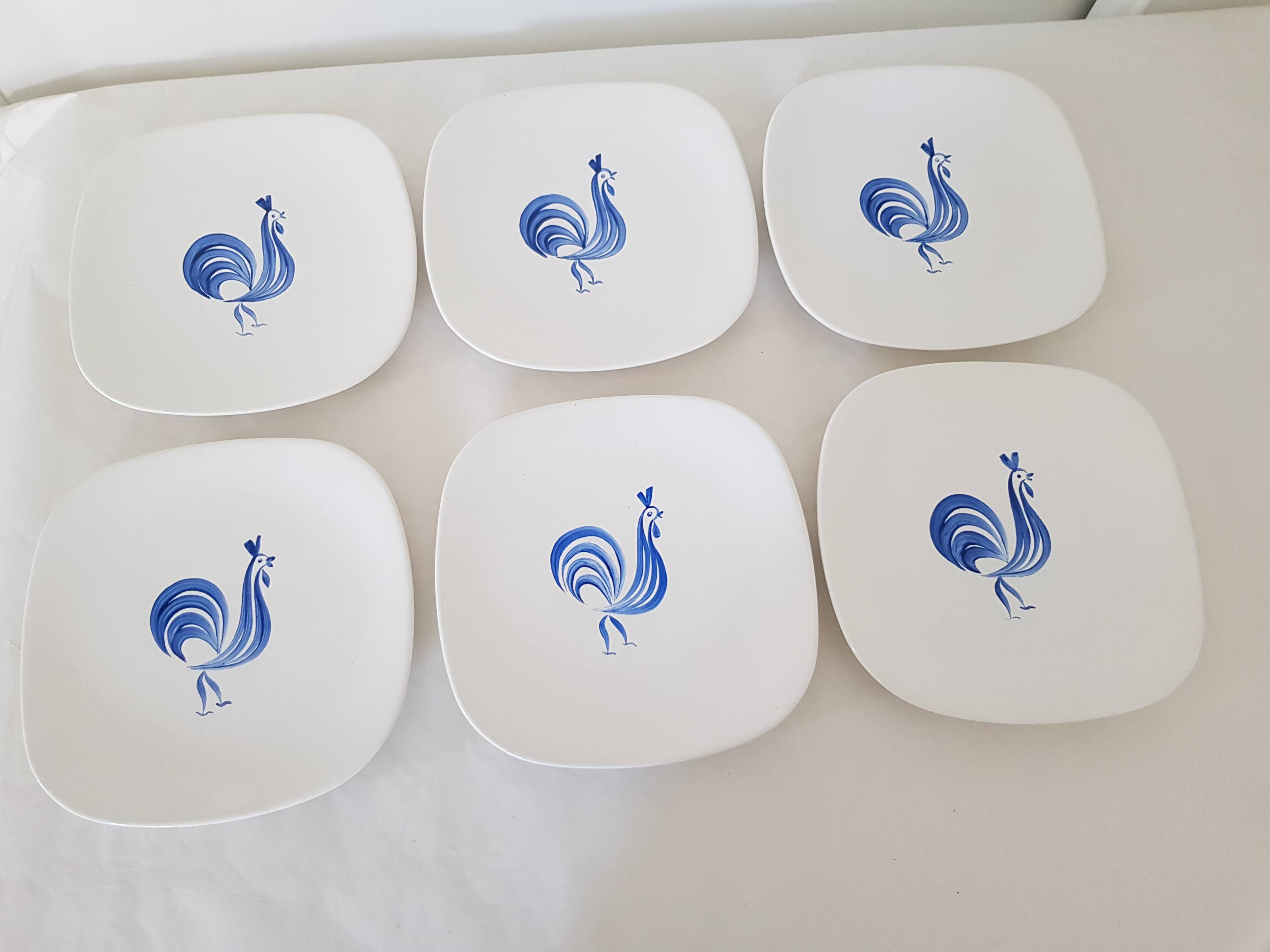 Set of 6 Longchamp dessert plates hand painted blue rooster