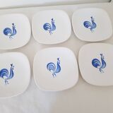 Set of 6 Longchamp dessert plates hand painted blue rooster