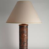 Mid-Century Modern Aztec Motif Hand Tooled Leather Table Lamp