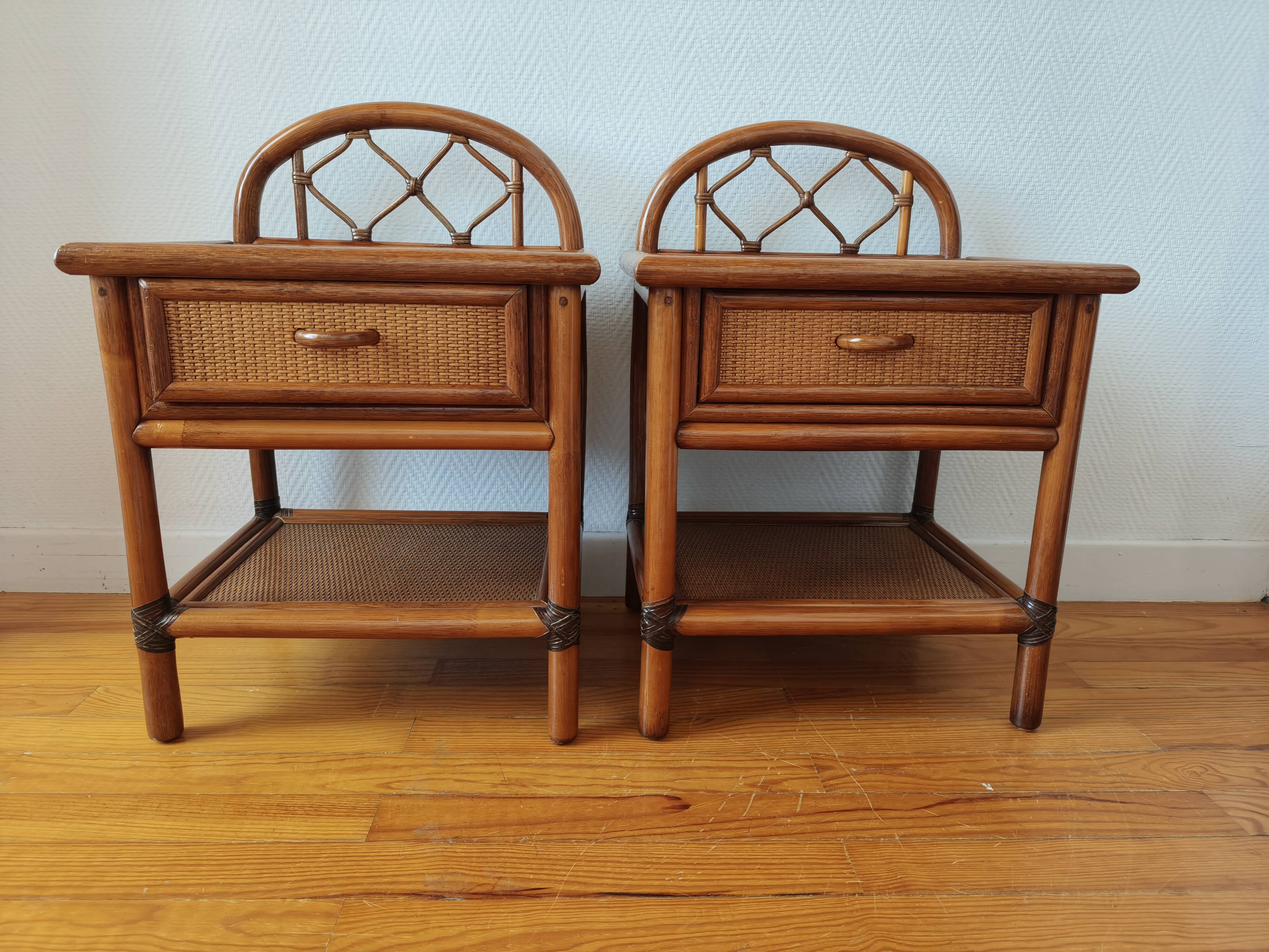 Pair of vintage rattan and cane bedside tables, 1970s