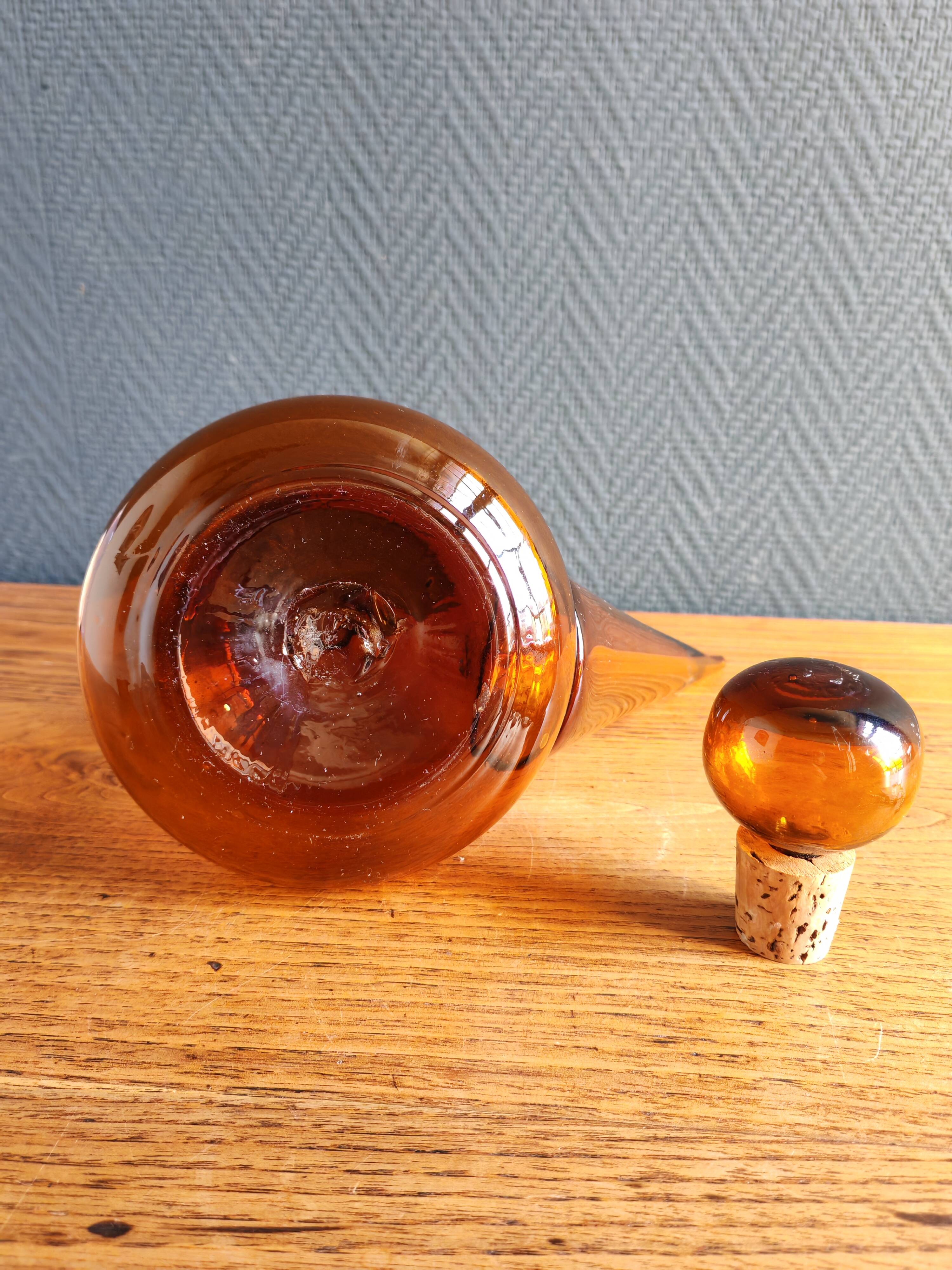 Vintage Amber Glass Wine Carafe - Artisan Decanter in Porron Style