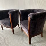 Pair of vintage barrel chairs in blue-grey velvet - 1950s/60s