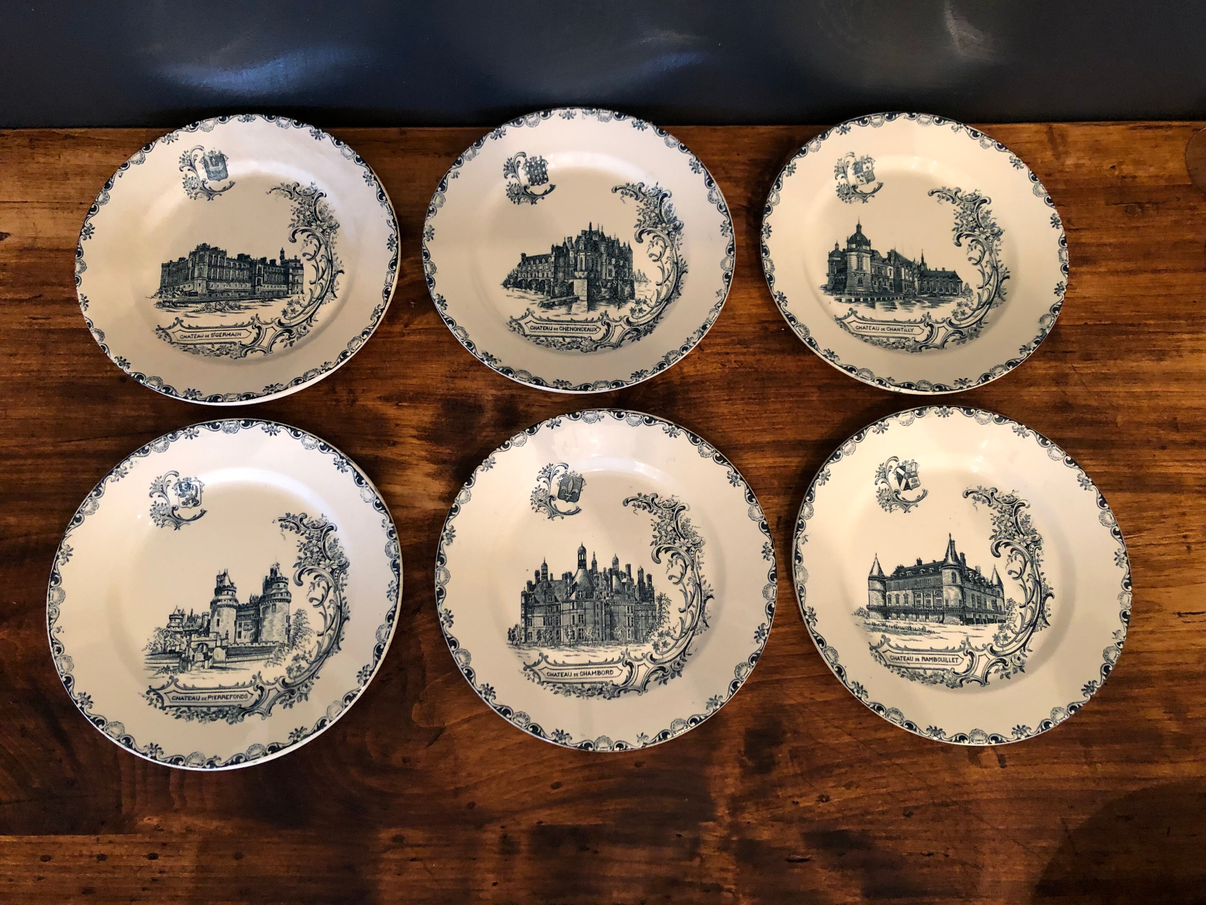 6 flat plates in Clairefontaine earthenware, Terre de Fer, Châteaux collection, 1894-1913