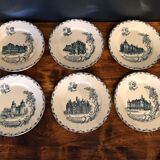 6 flat plates in Clairefontaine earthenware, Terre de Fer, Châteaux collection, 1894-1913