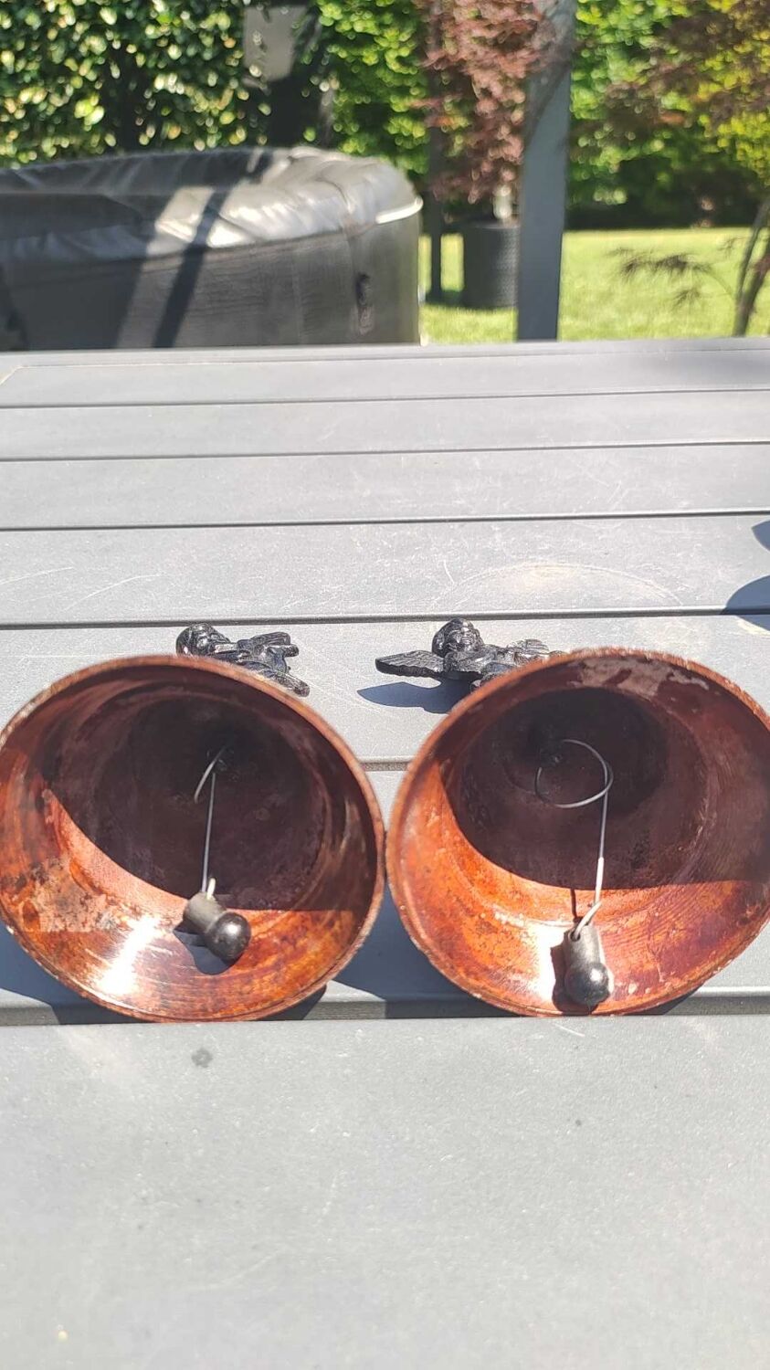 Pair of table bells musician angels in copper metal and bronze
