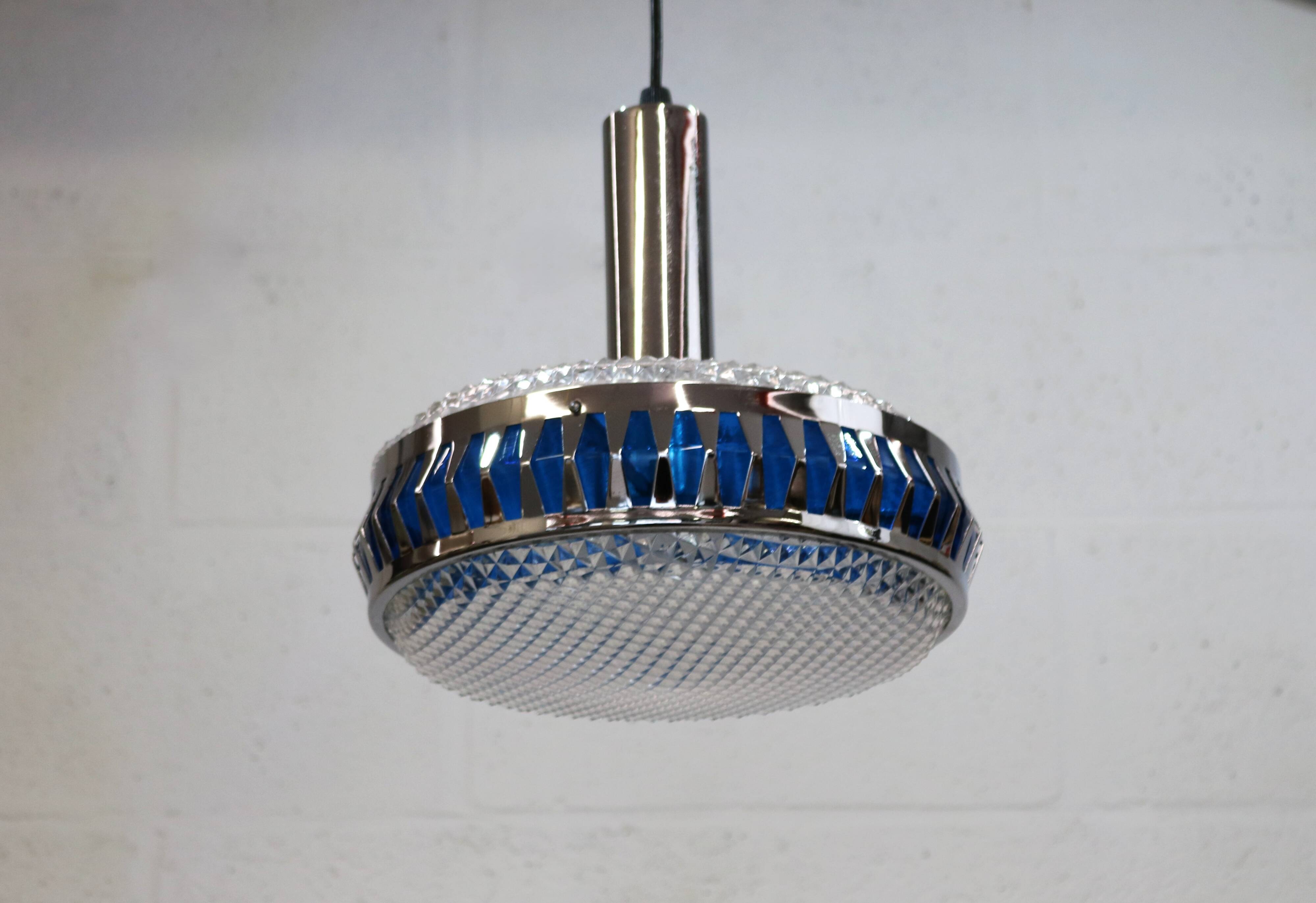 Vintage Chrome & Blue Pendant Lamp - 1970s Massive Belgium Lighting