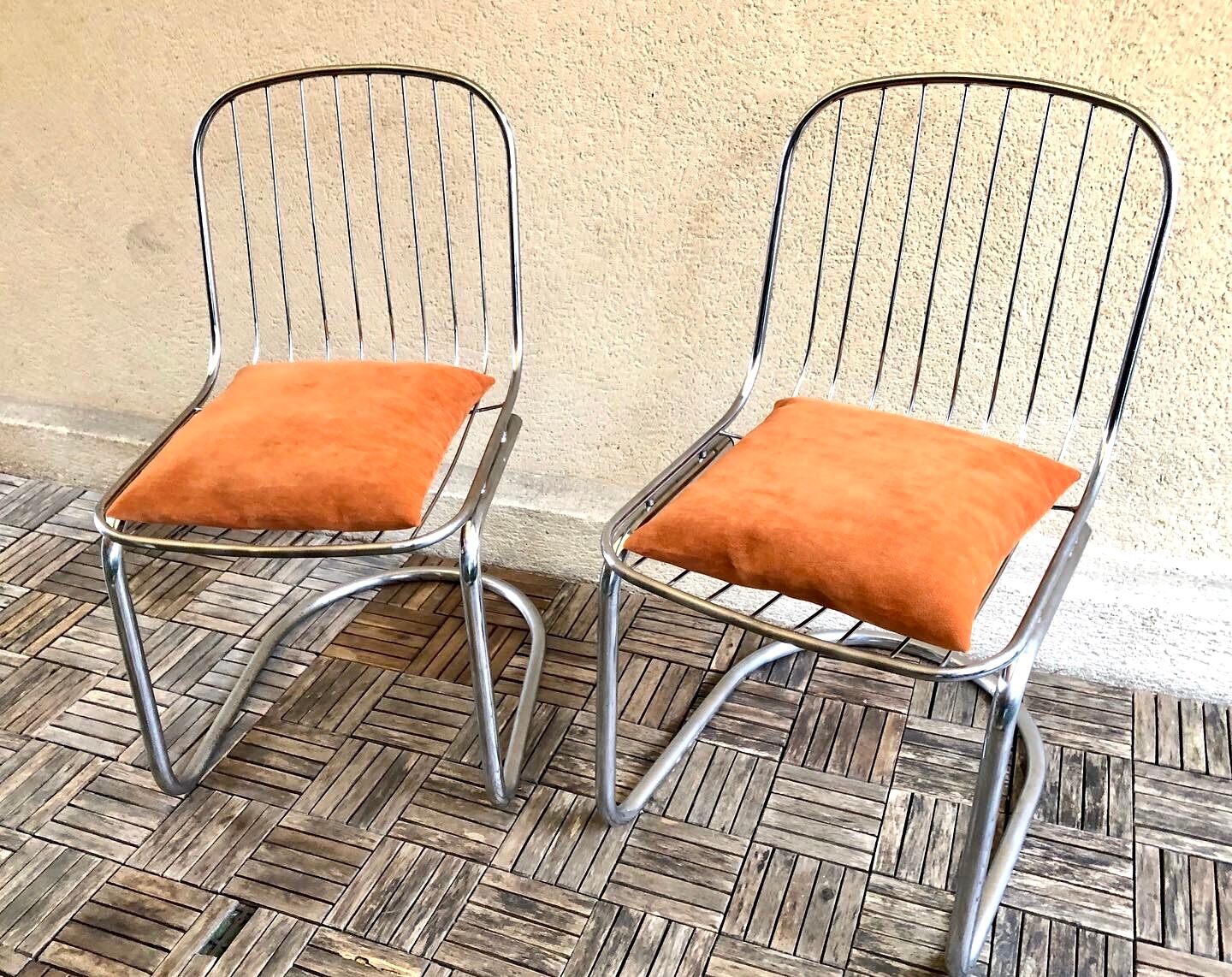 Pair of Cantilever chair design Gastone Rinaldi vintage 70 chrome steel wires