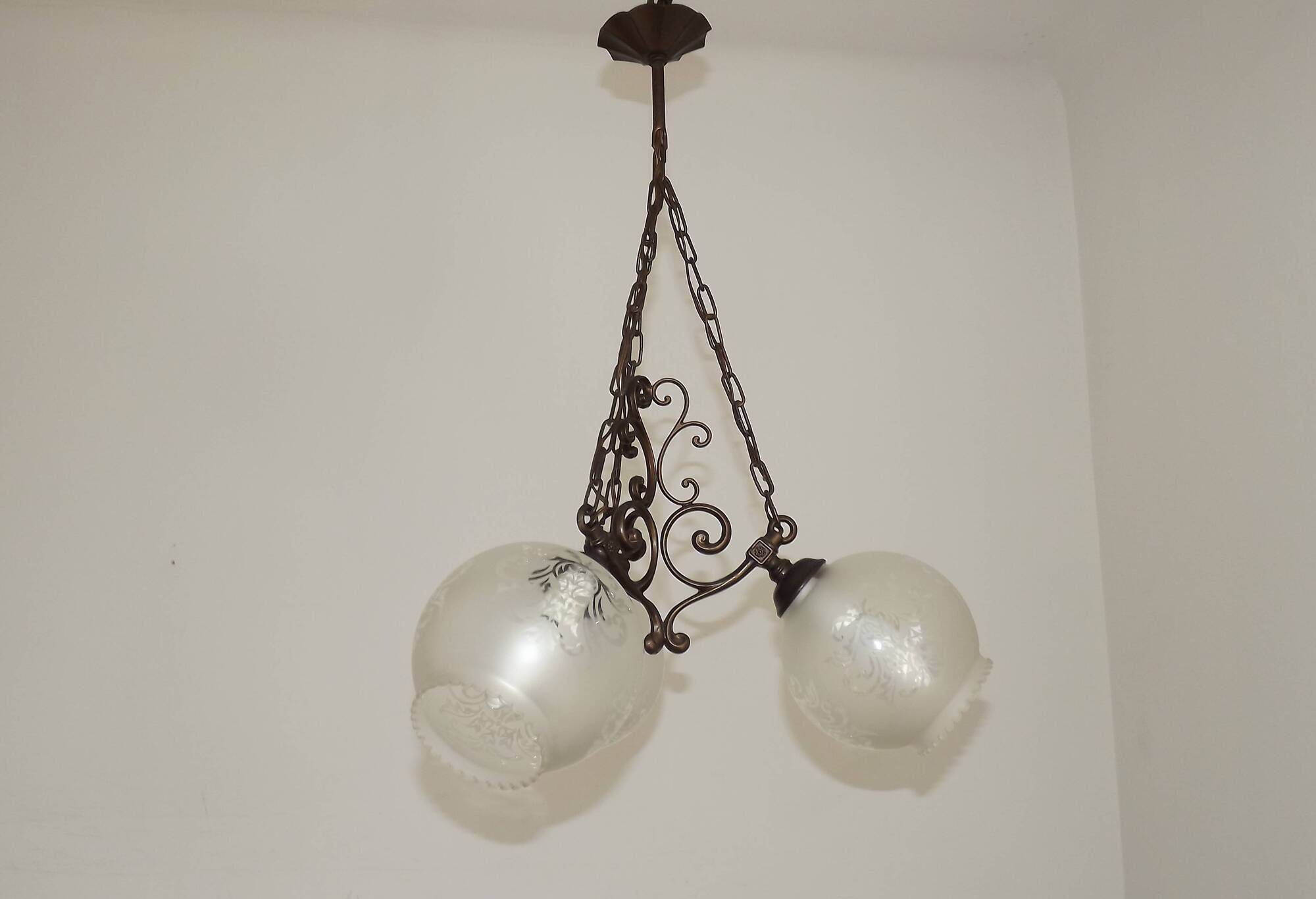 French Vintage 3 Light Bronze Effect Chandelier - Opaque Glass Ball Shades