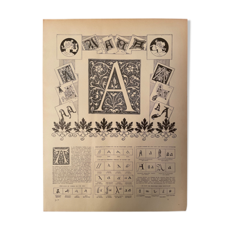 Lithograph engraving alphabet letter A of the New Larousse Illustrated 1897