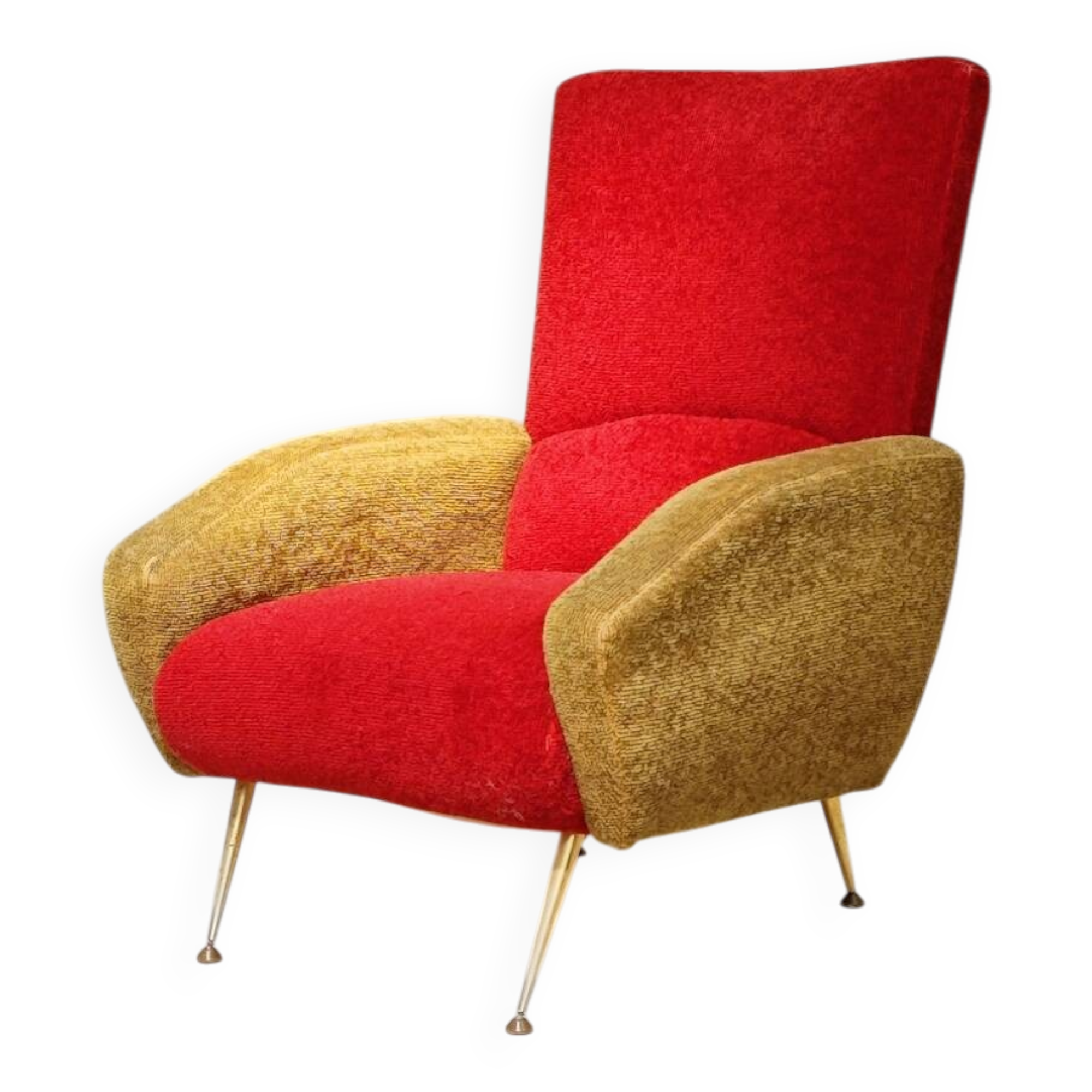 Red and mustard yellow fabric armchair in 1970s style