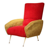 Fauteuil tissu rouge et jaune moutarde style bouclette 1970