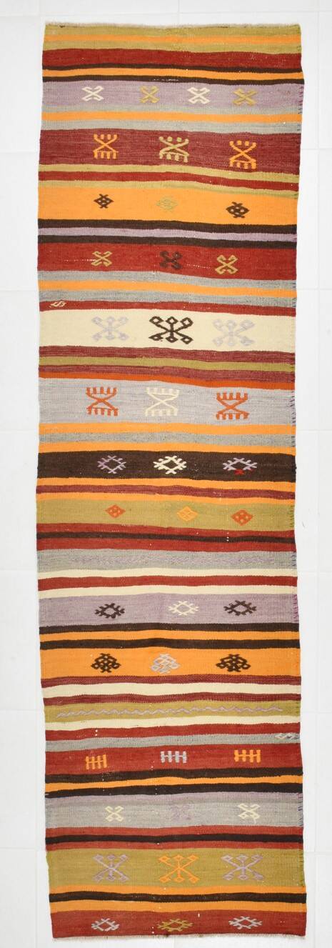 3x9 Striped Kilim Runner, Wool Runner Rug, 74x263Cm