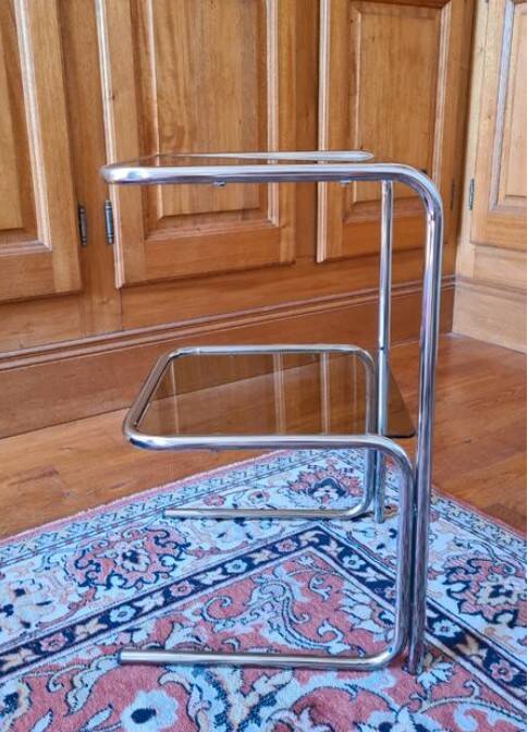 Vintage 70s shelf in chromed metal and smoked glass