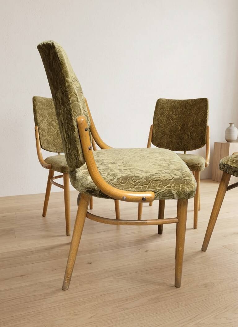 Bentwood dining chairs set of 4, retro beech wood & olive velour, TON 1960s–1970s, Czechoslovakia