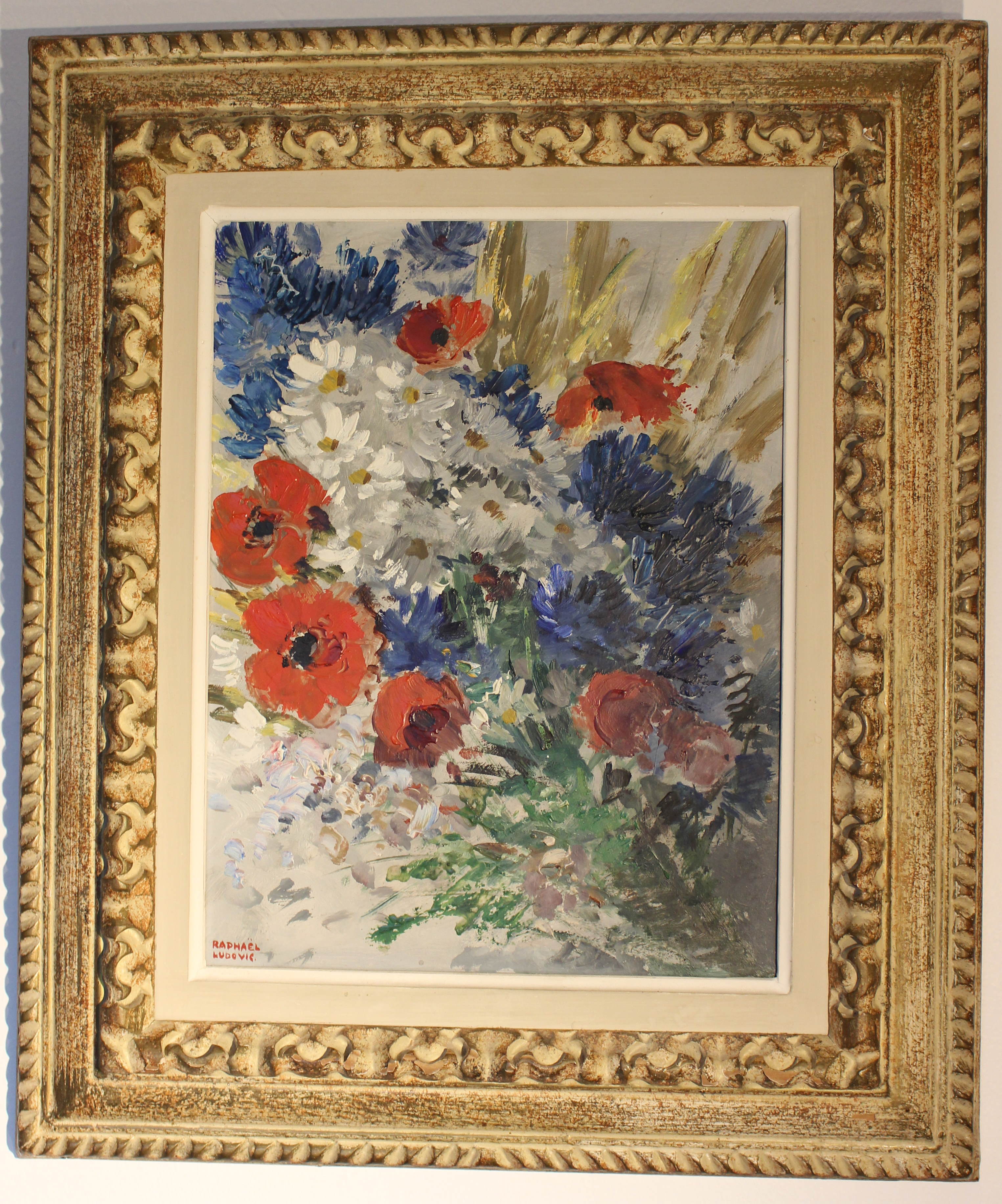 "Still life with bouquet of flowers" oil on isorel by Raphael Ludovic