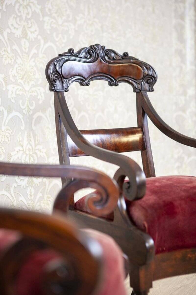 Set of Empire Mahogany Armchairs in Red Upholstery, 19th Century