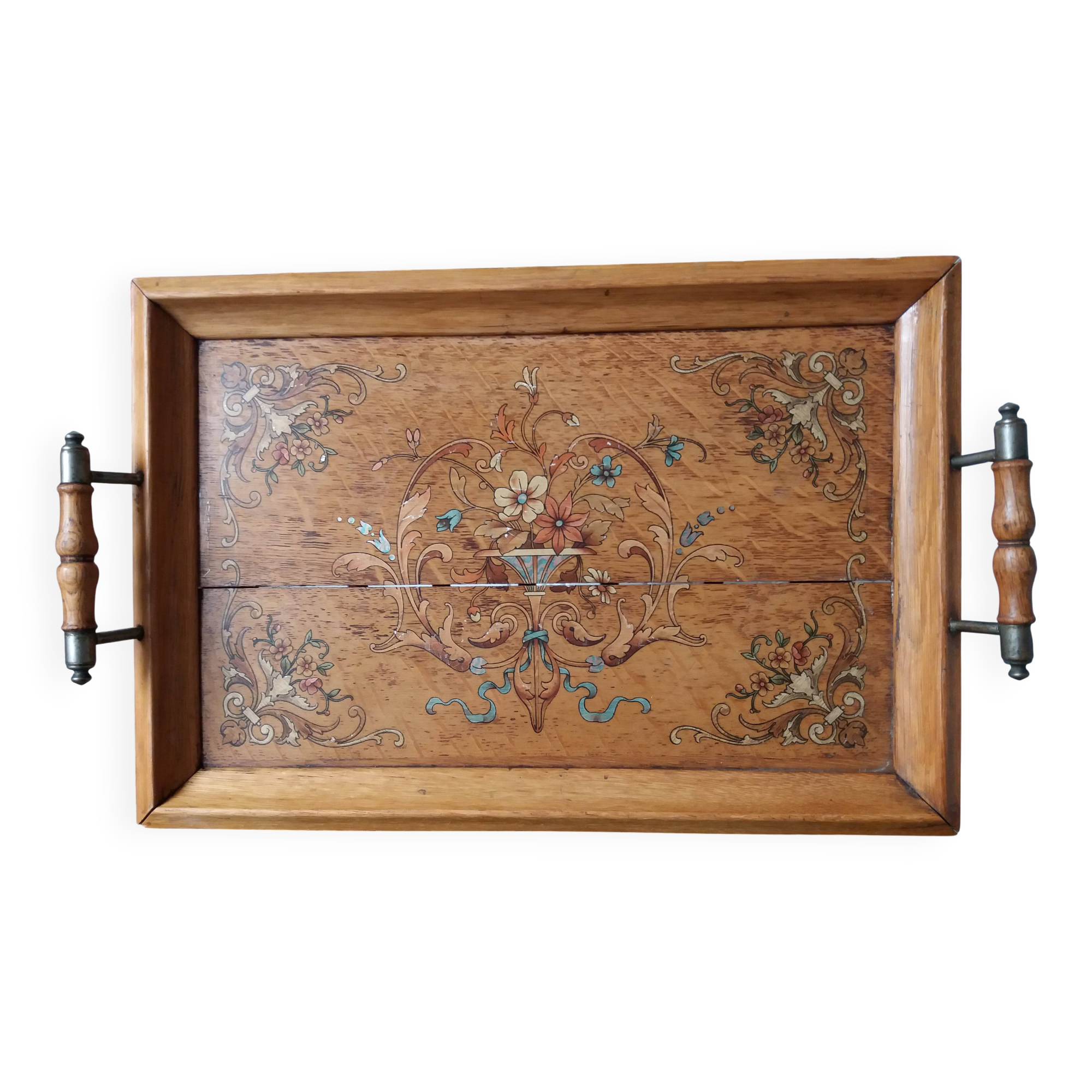 OLD ART NOUVEAU VARNISHED WOODEN TRAY WITH PAINTED DECORATION