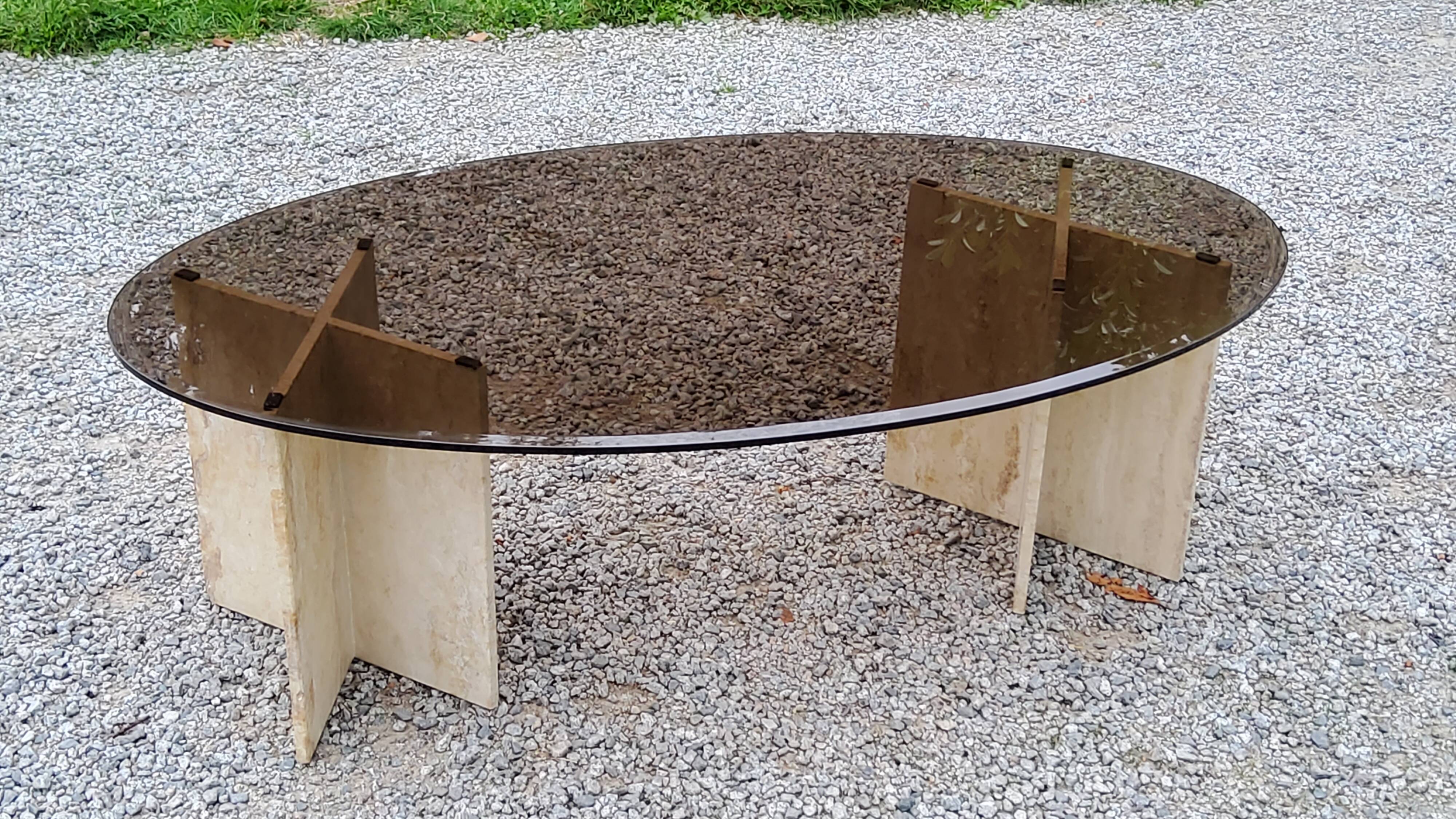 70s travertine and smoked glass designer coffee table