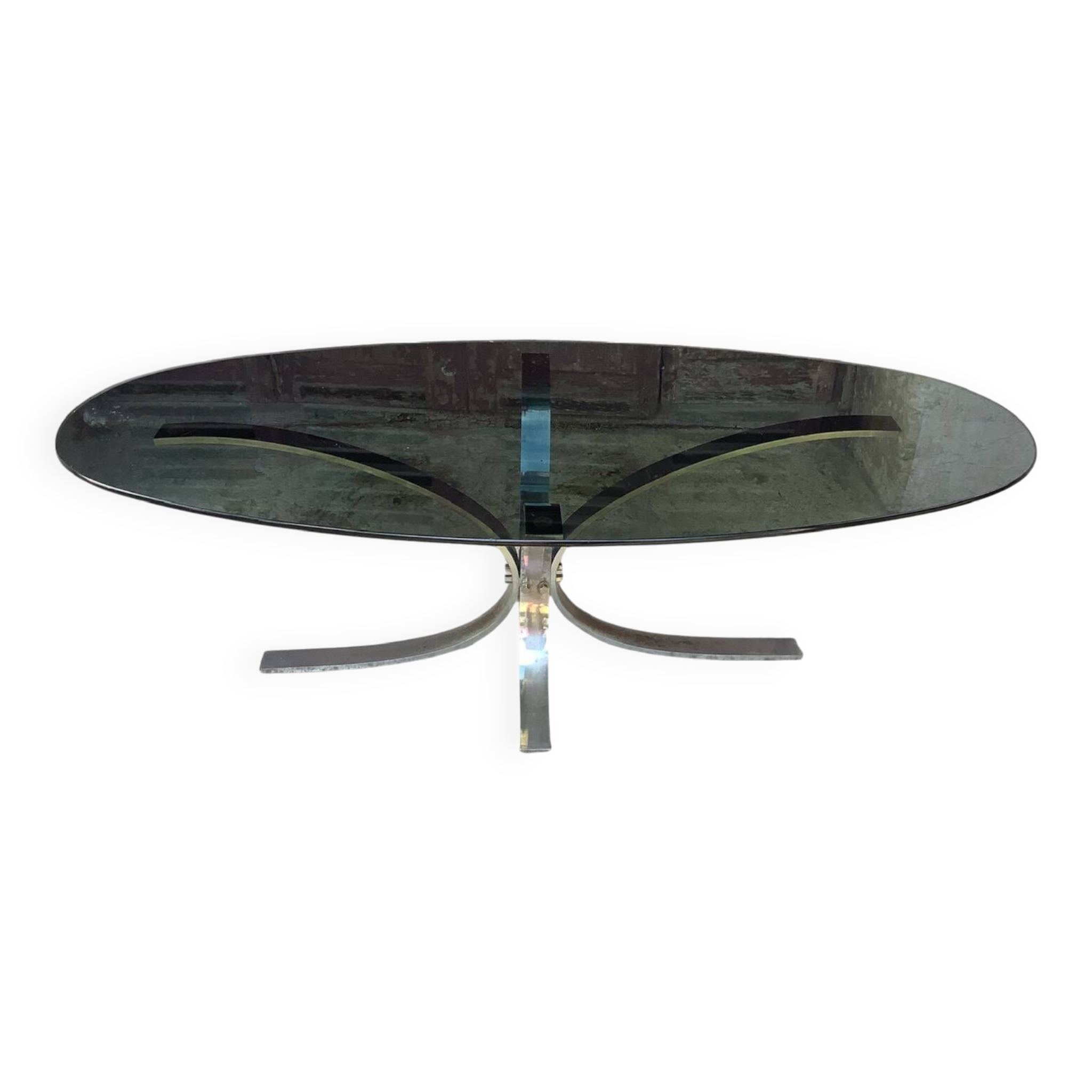 Oval smoked glass coffee table from the 1970s.
