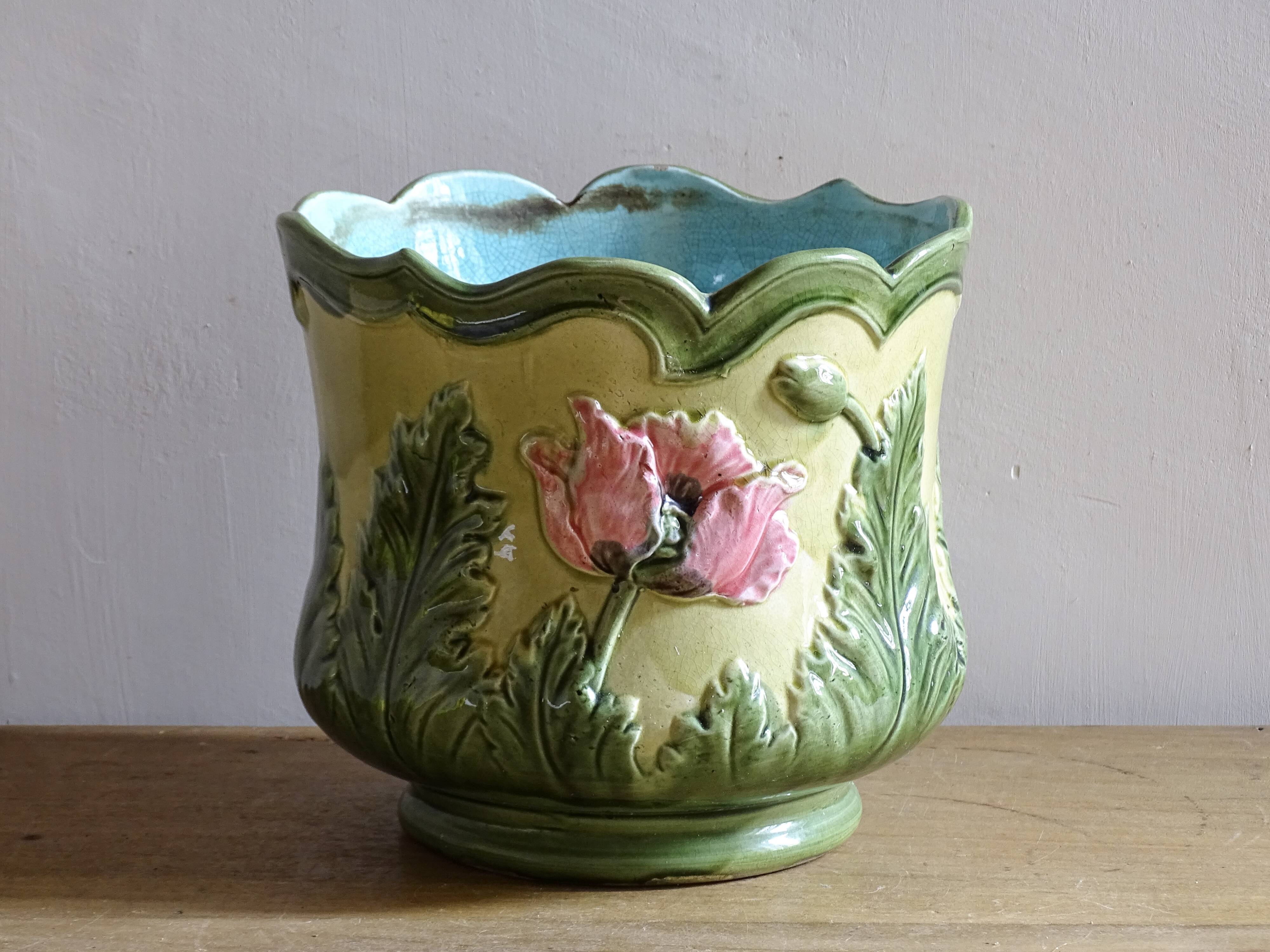 Antique Ceramic Cache Pot with Poppies, Art Nouveau Planter