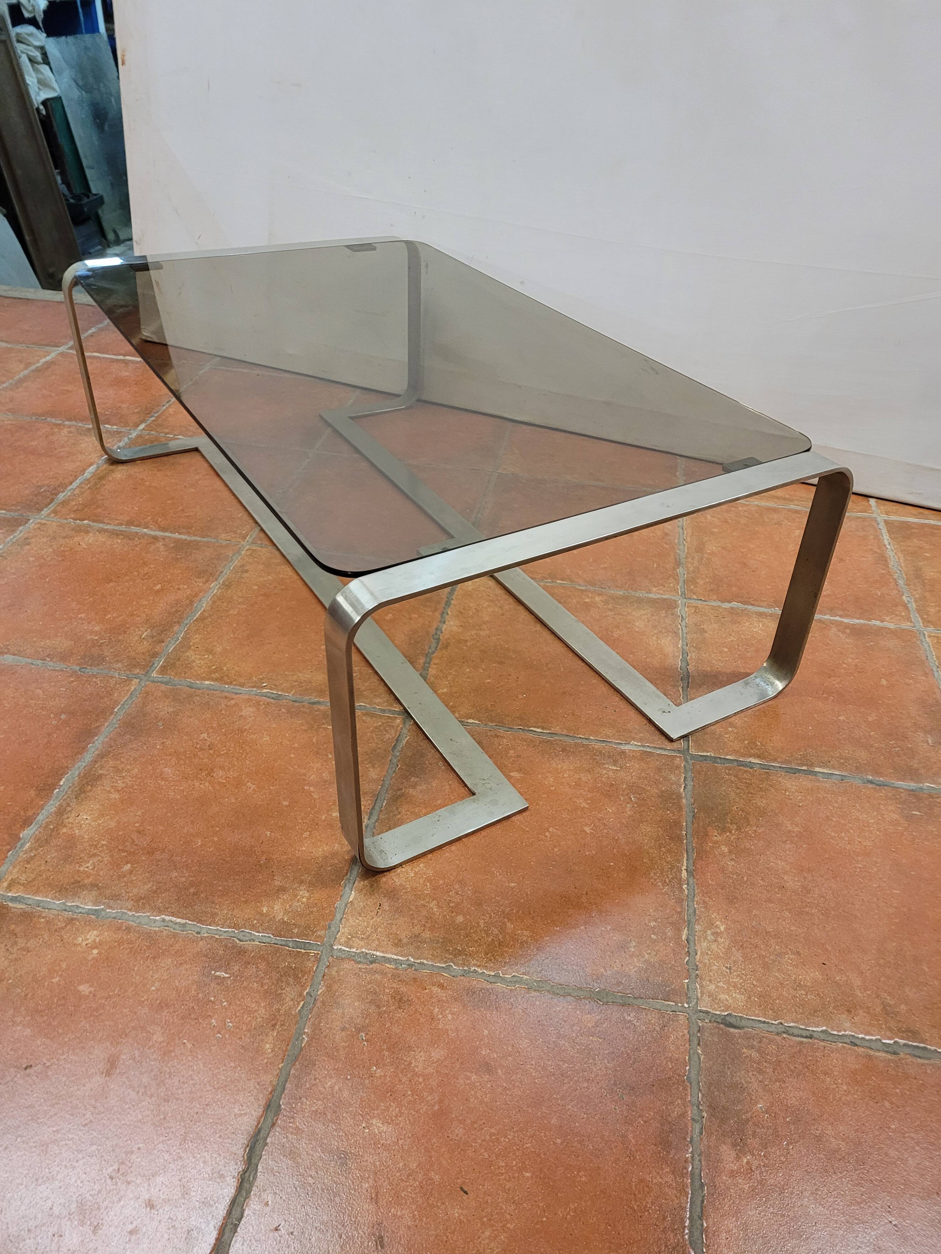 Coffee table with stainless steel base and smoked glass, from the 70s