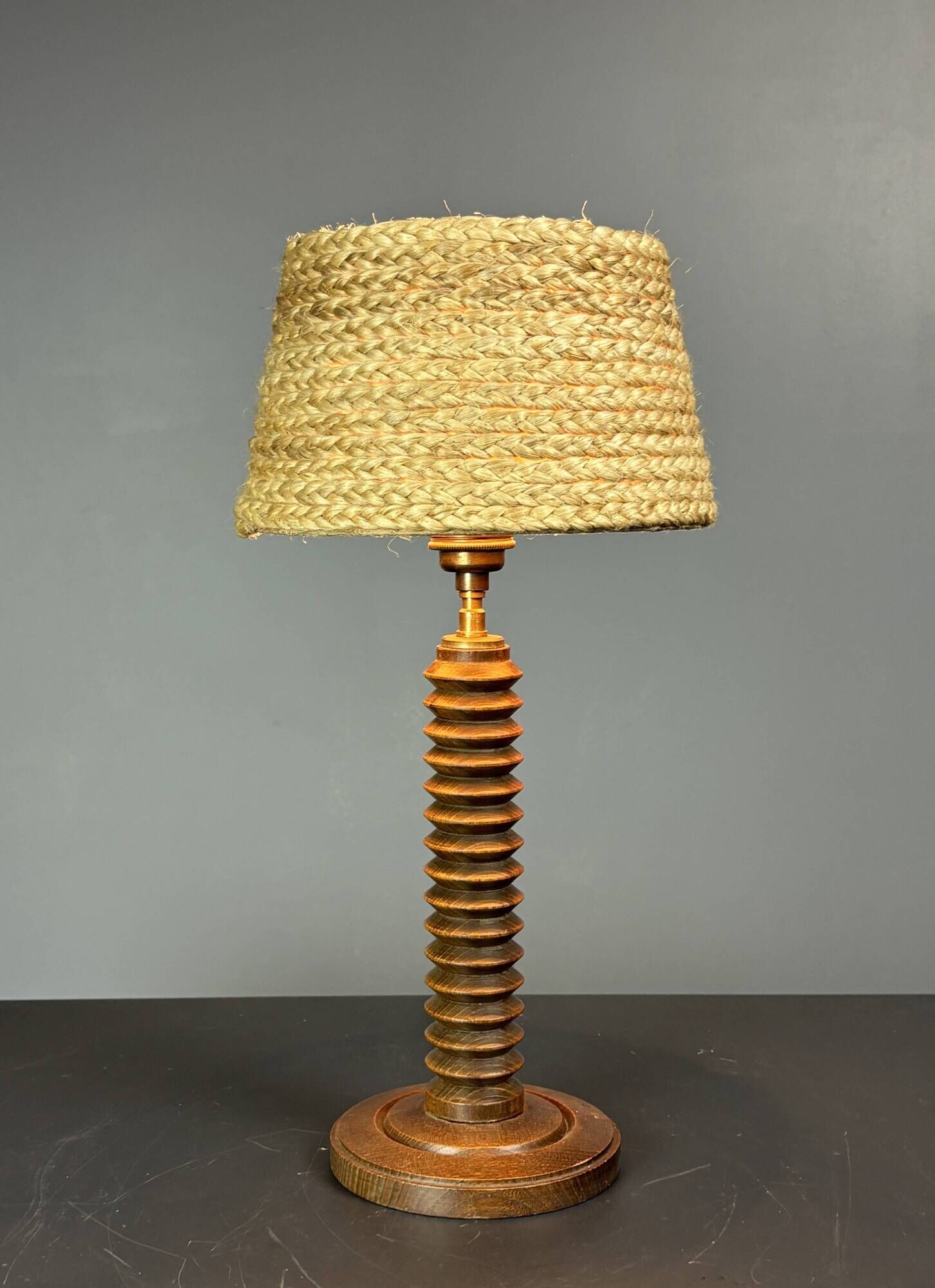 Midcentury French brutalist wood turned table lamp, Charles Dudouyt style