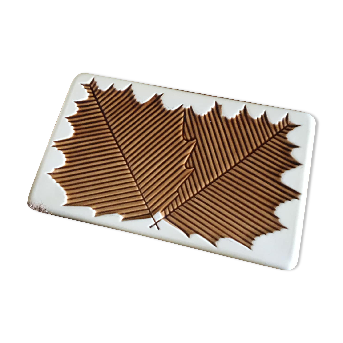 Antique rectangular ceramic trivia with inlaid leaves