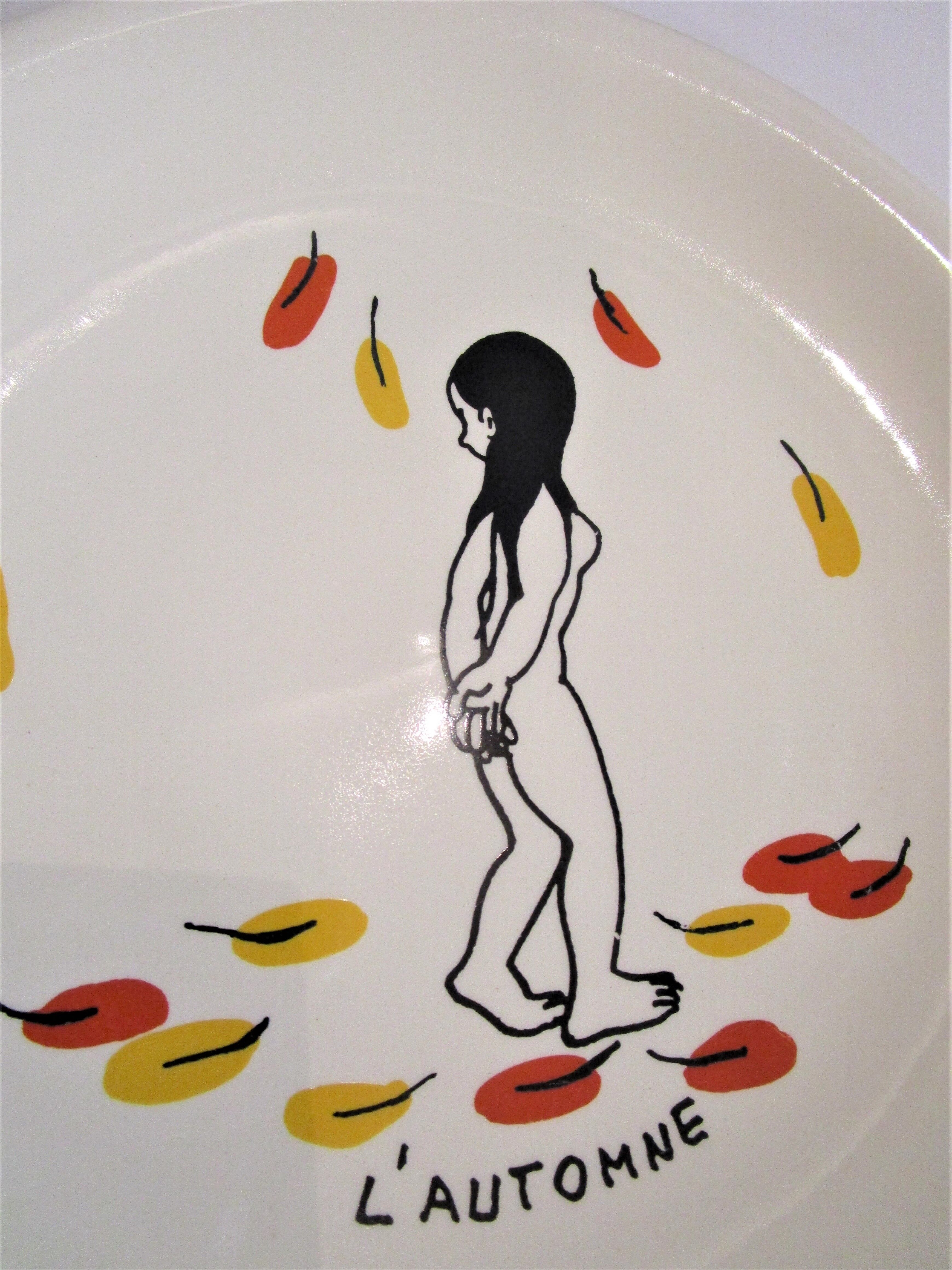 Four plates The 4 seasons by Jean Effel earthenware Salins 60s