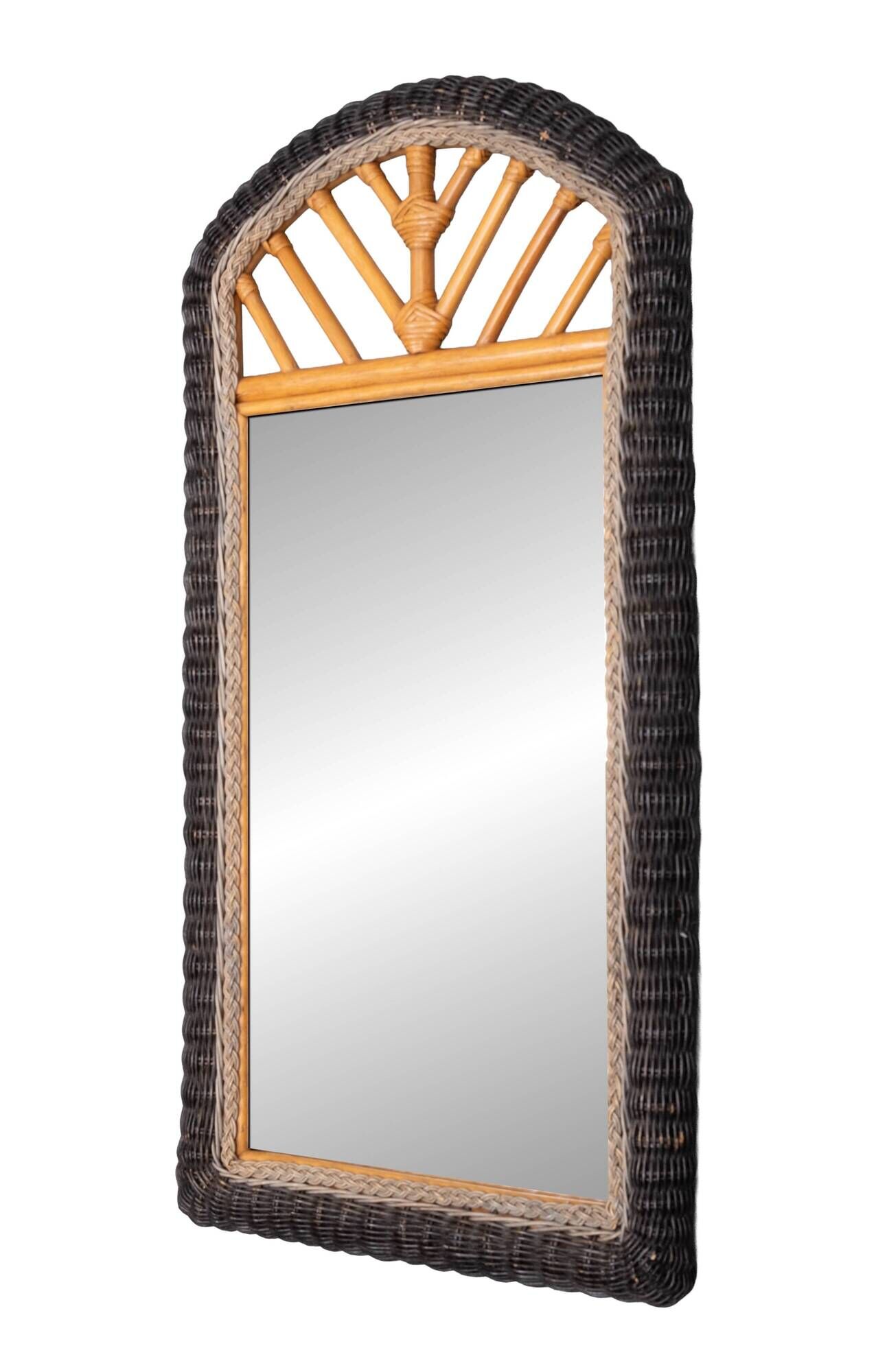 Boho Chic Wall Mirror in Rattan and Wicker Italian 1970s