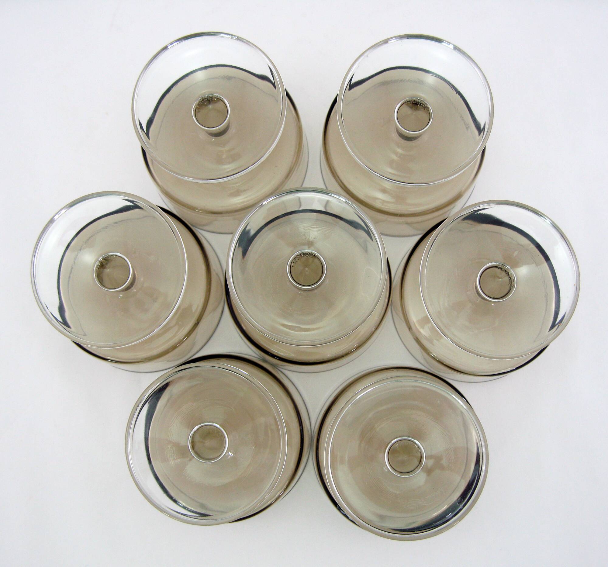 7 champagne glasses in smoked brown glass - Cavalier Sweden Luminarc Arcoroc France - vintage 70s