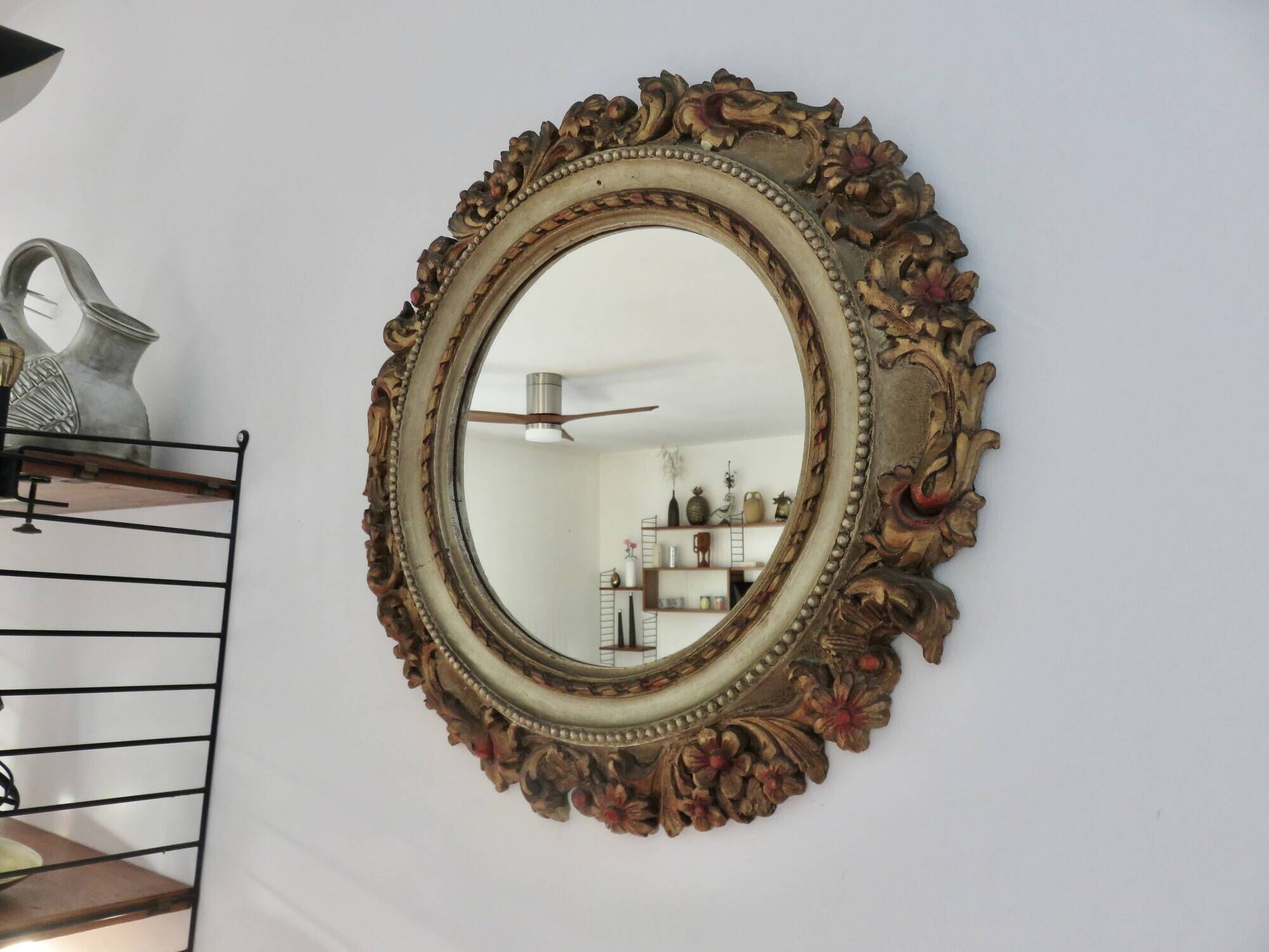 Large round wall mirror, baroque, floral pattern, rococo, 1970s
