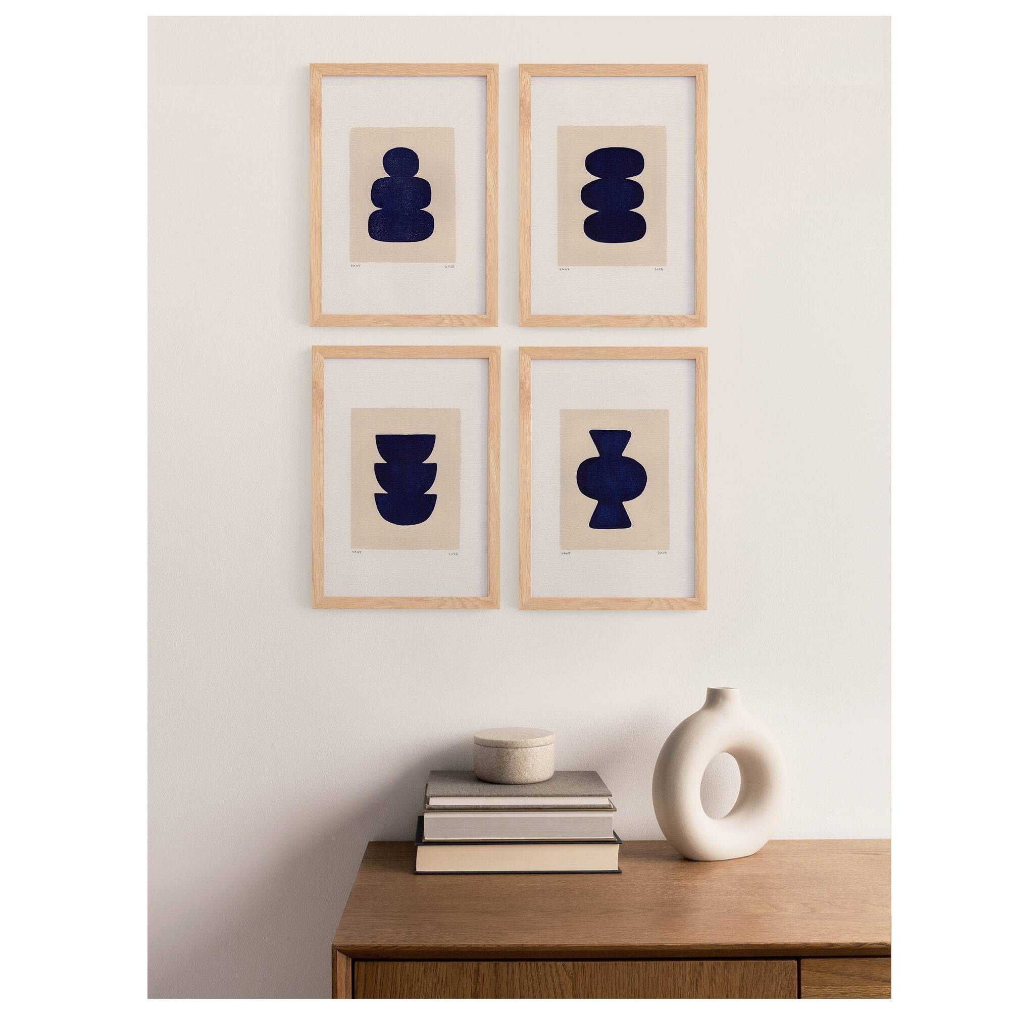 Collection of 4 abstract paintings on paper, burgundy colour, signed Eawy.