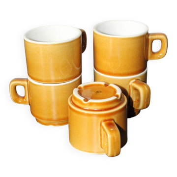Lot de 5 tasses vintage en céramique couleur moutarde