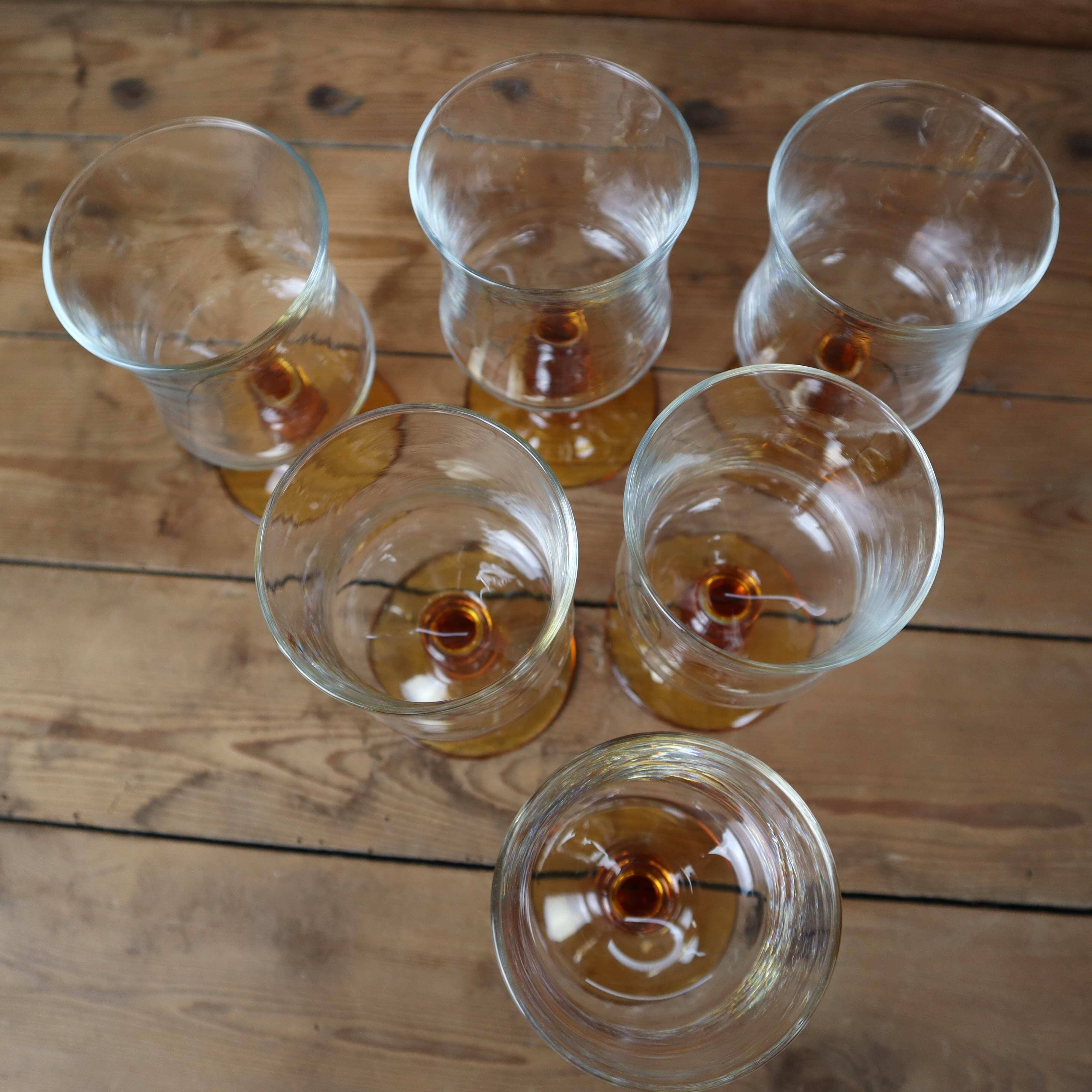 6 Luminarc "Antique" amber-stemmed water glasses