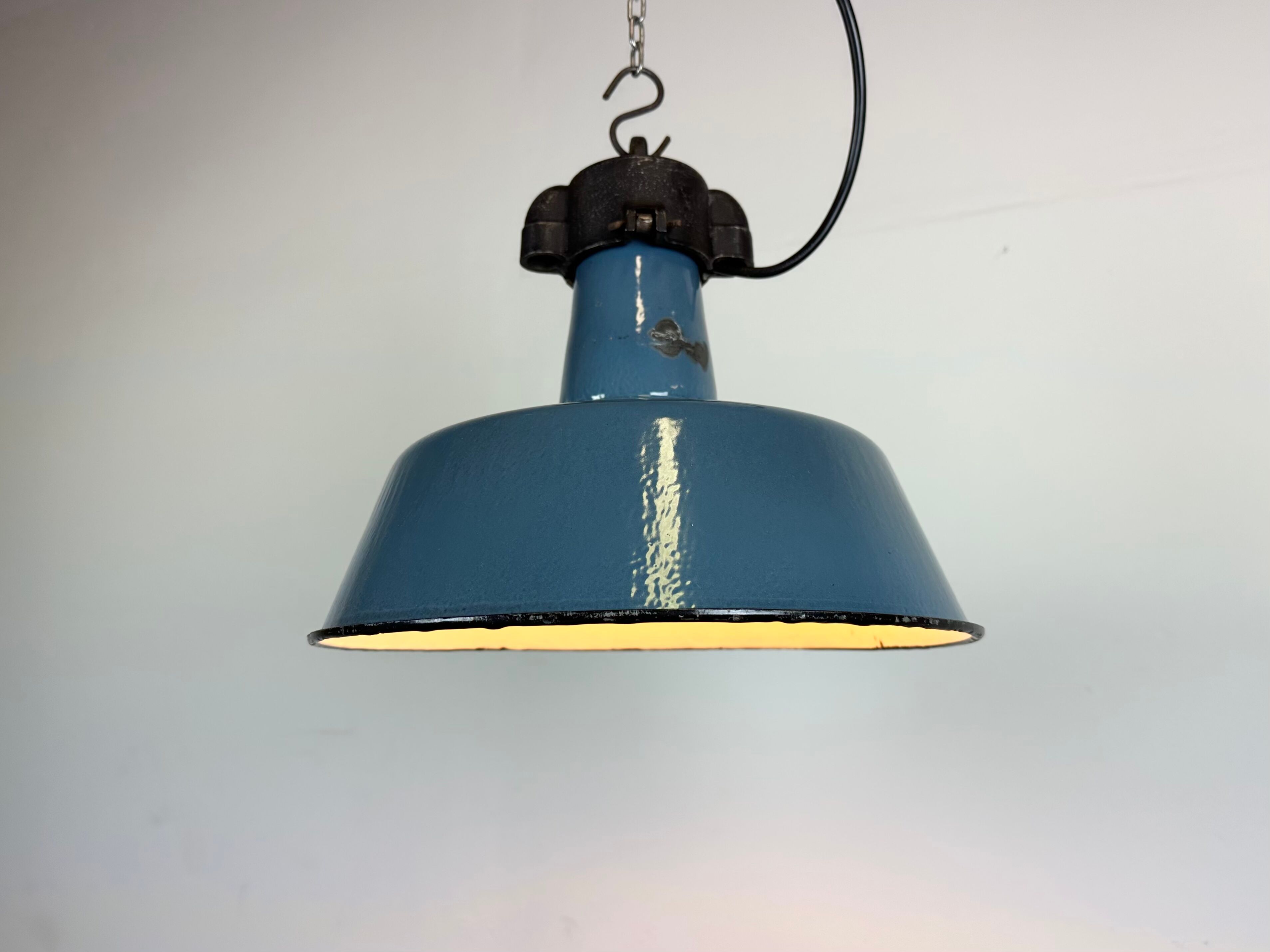 Industrial Blue Enamel Factory Lamp with Cast Iron Top, 1960s