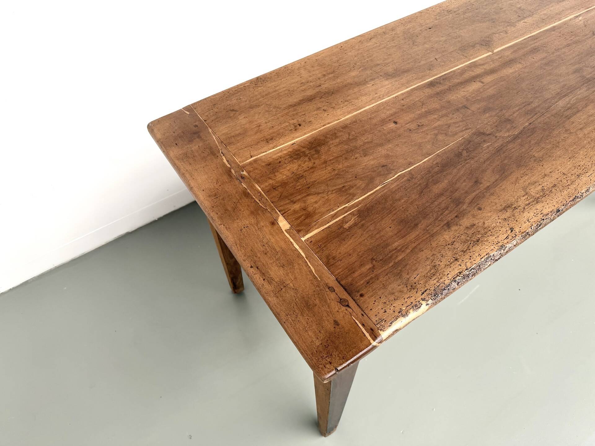 Farm table, old solid oak dough trough, France, around 1920.