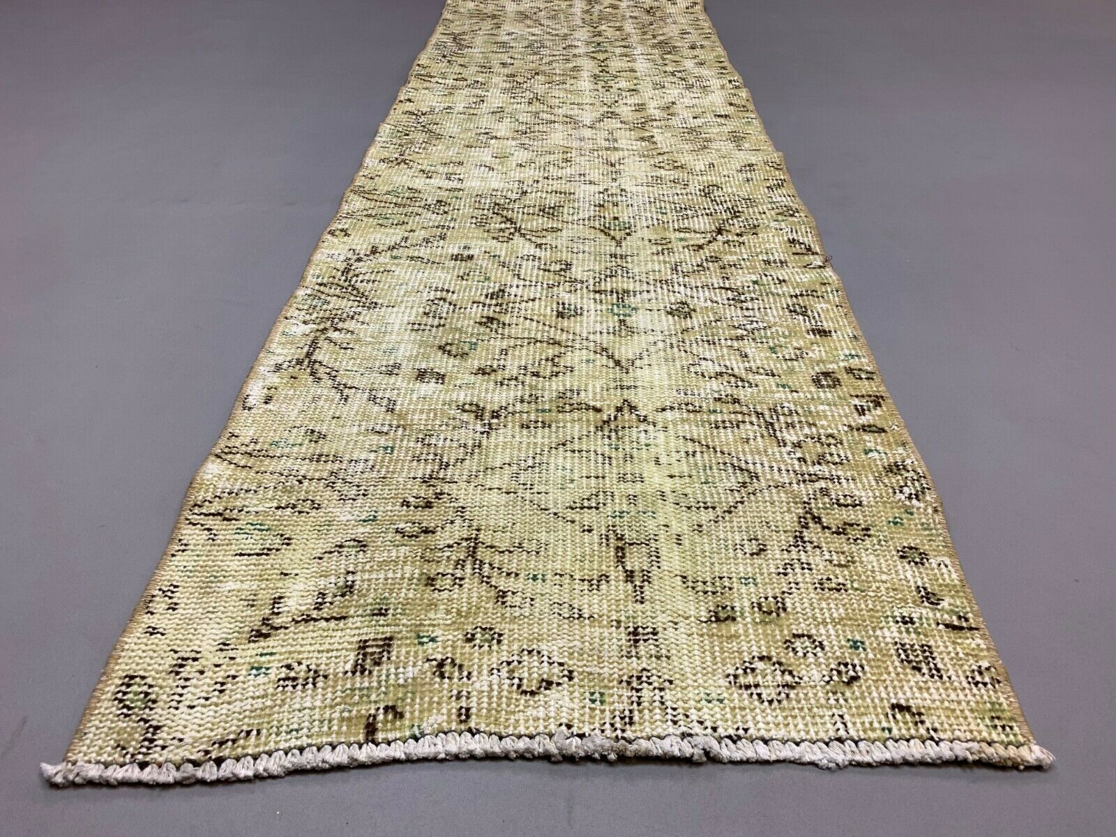 Distressed Turkish Narrow Runner 267x63 cm wool Vintage rug, Overdyed Yellow