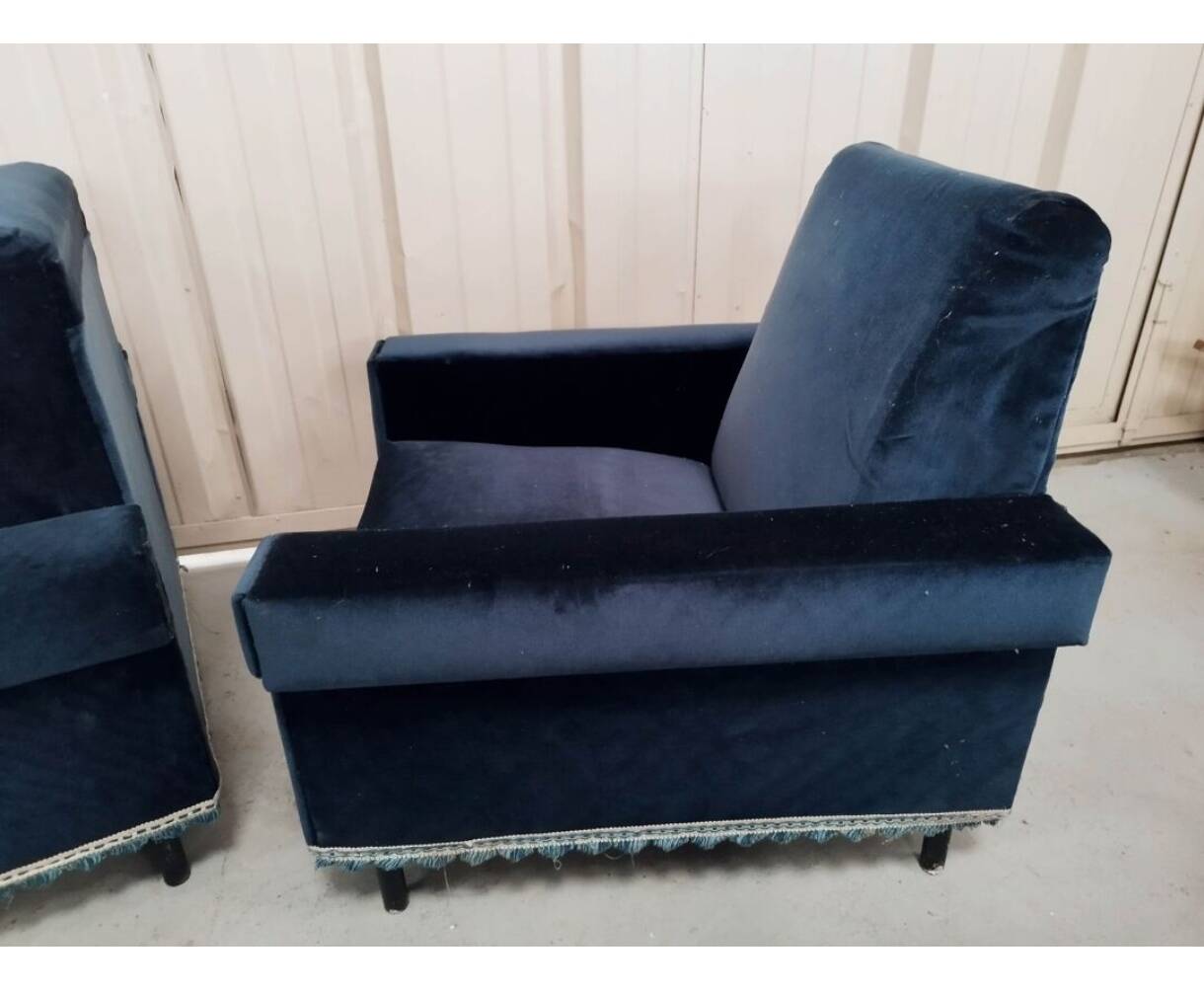Pair of navy blue velvet club armchairs