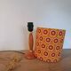 Mid-century wooden table lamp, retro-pop saffron print
