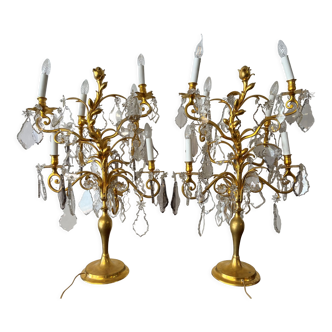 Pair of lamps in gilded bronze and crystal