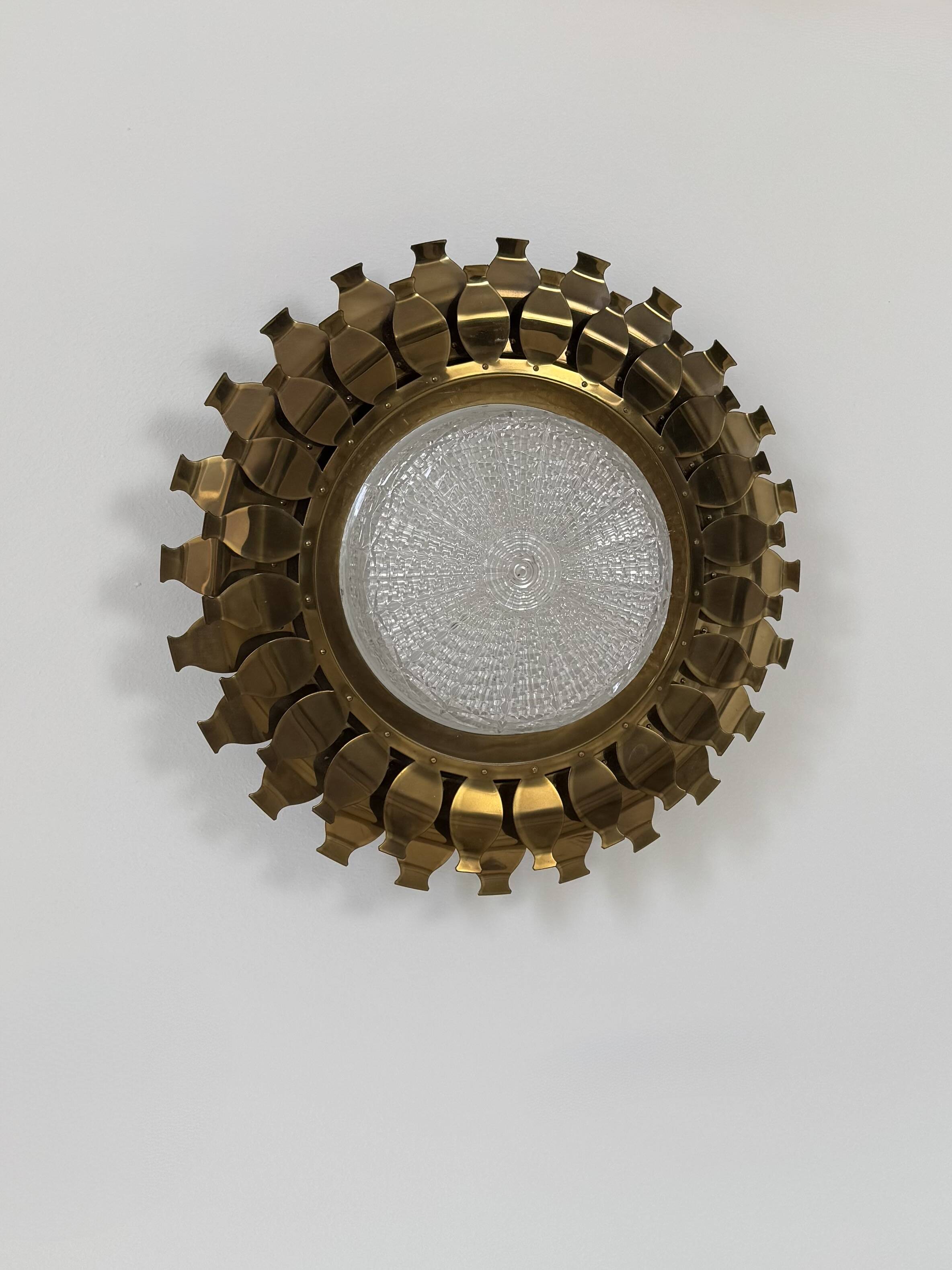 Vintage brass and pressed glass wall light, Sweden, 1960.