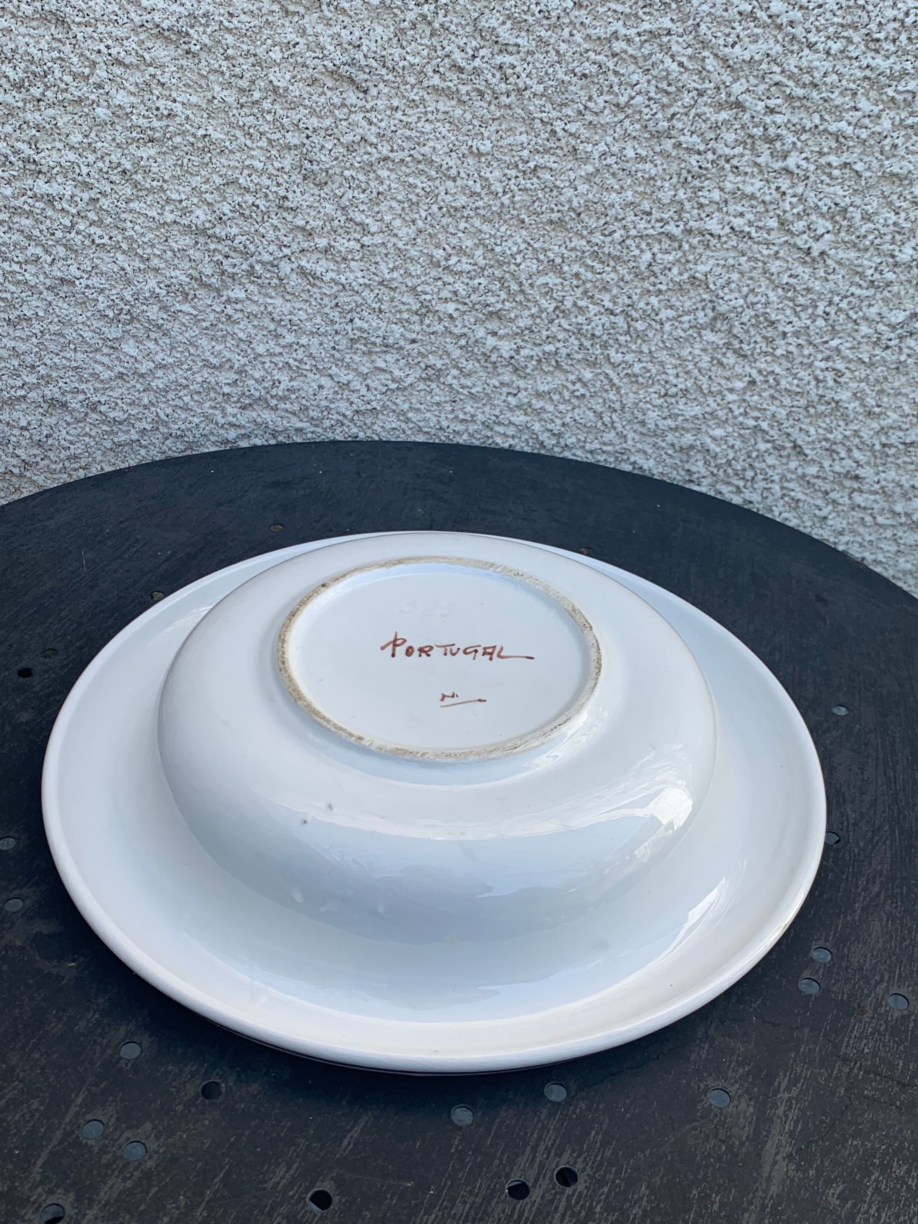 Hollow dish in enameled ceramic bird pattern hand painted Portugal numbered