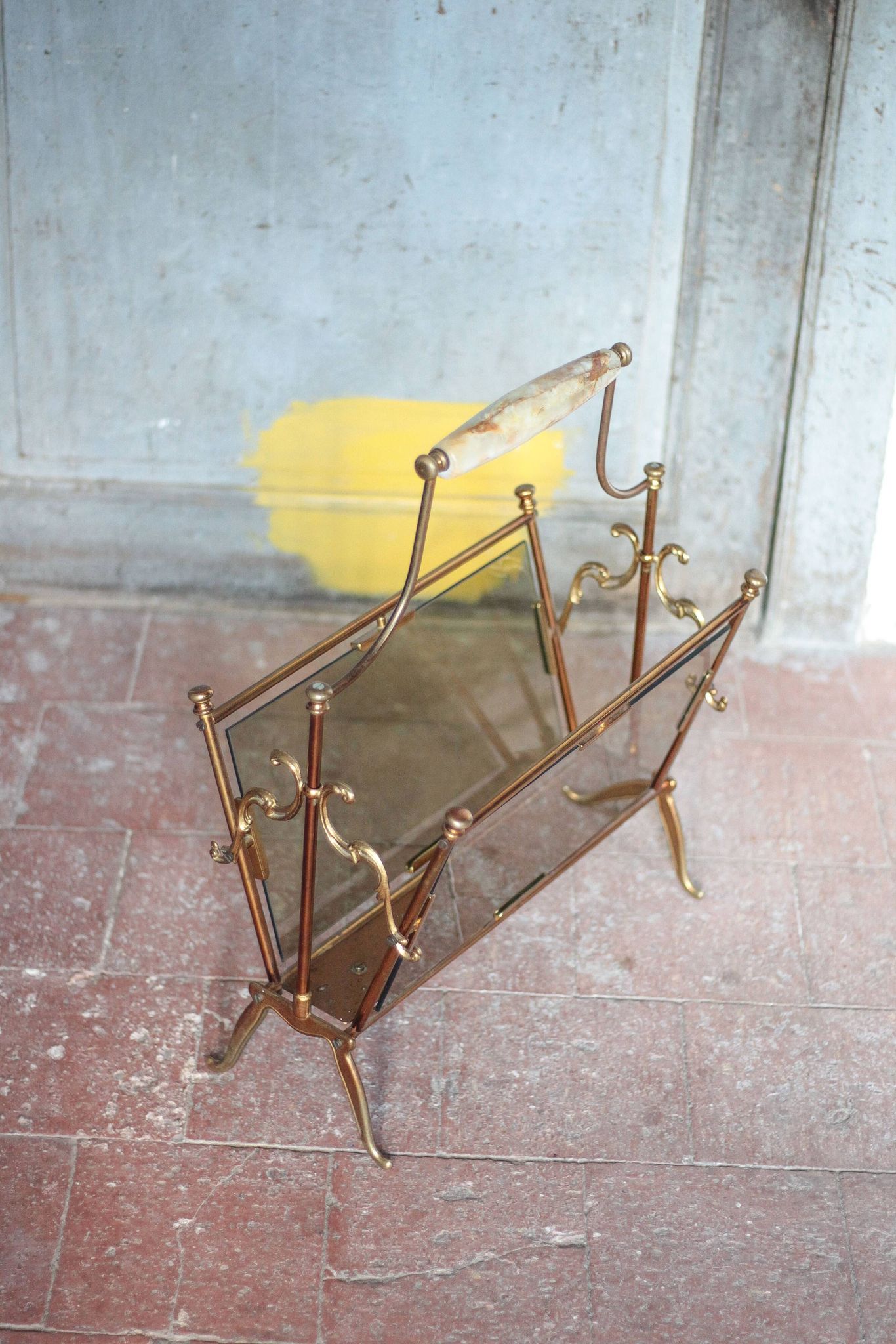 vintage magazine rack, brass and smoked glass magazine rack, newspaper, magazine