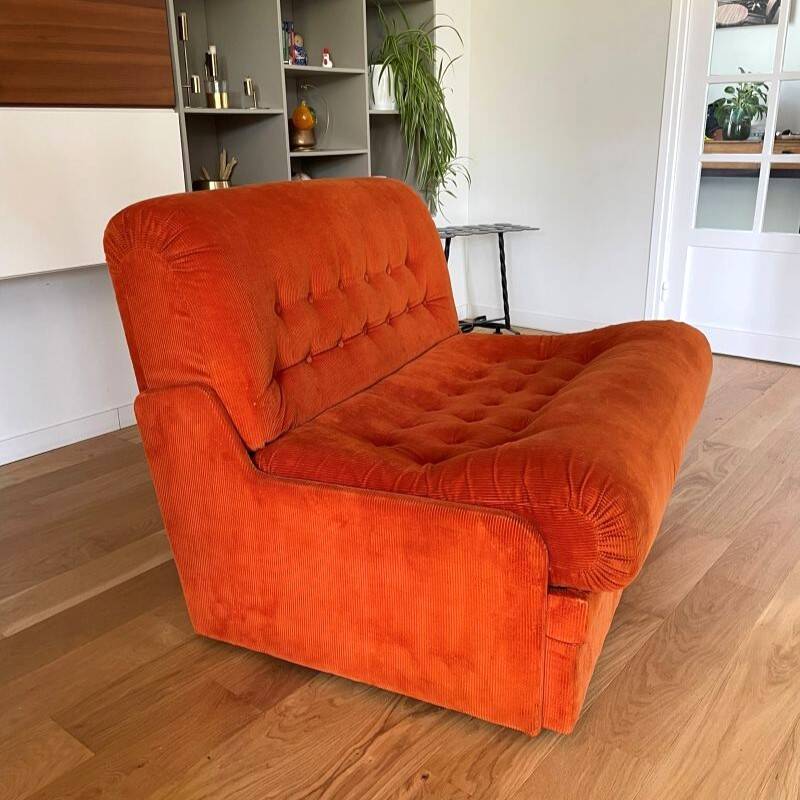Orange corduroy convertible armchair, 1970s