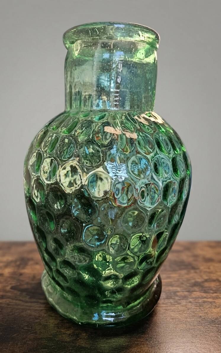 Textured glass vase and carafe duo in blown green glass, Biot style, 1960s.