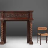 Richly decorated antique fireplace in oak, Belgium ca. 1920