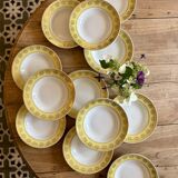 Lot de 12 assiettes creuses vintage jaunes, blanches et dorées
