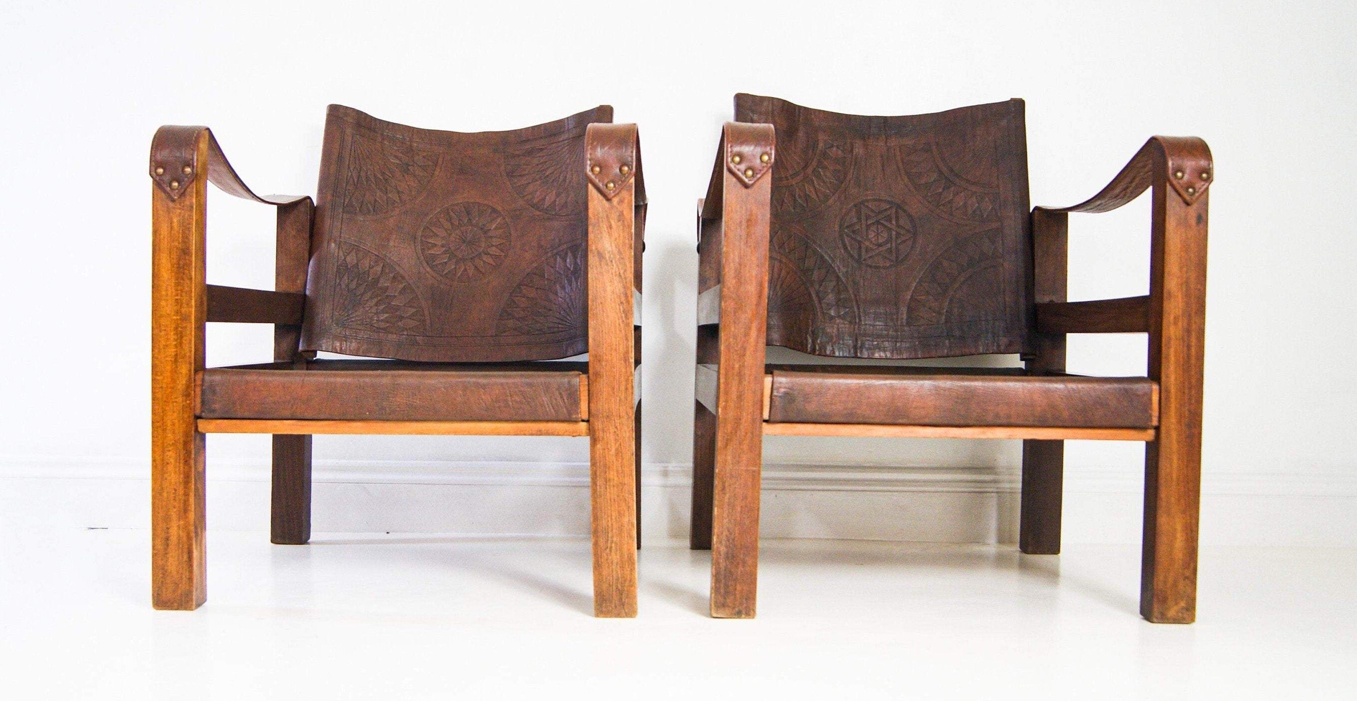 French Leather Safari Armchairs Mid-Century