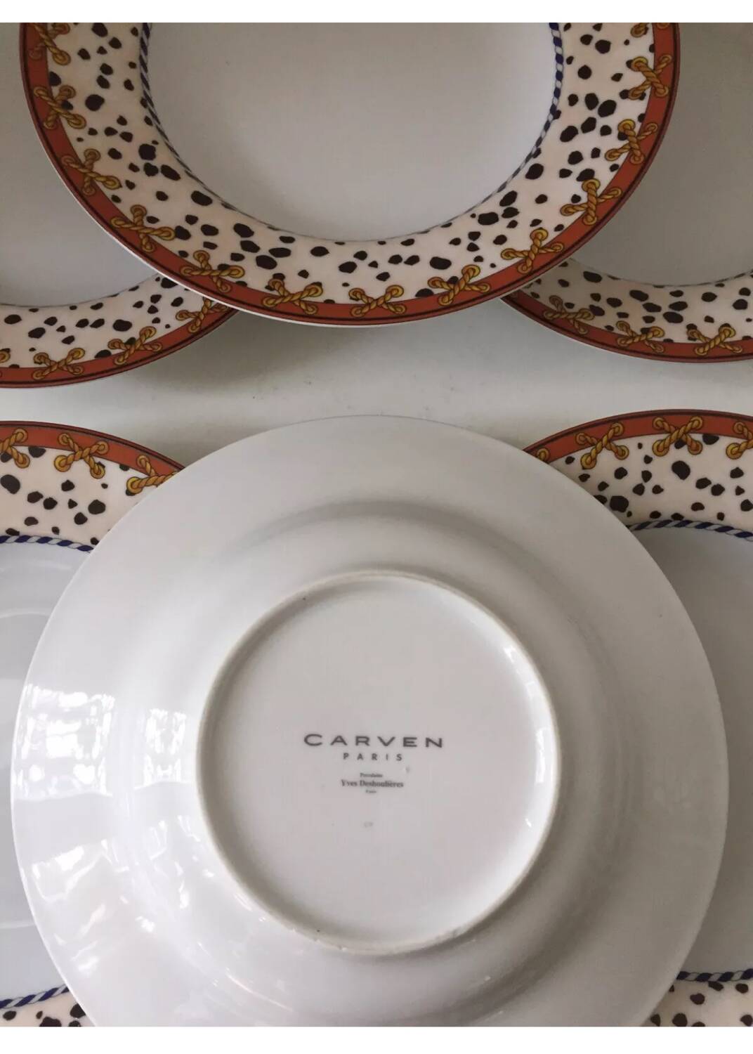 Carven Paris soup plates, Yves Deshoulières porcelain, 1990