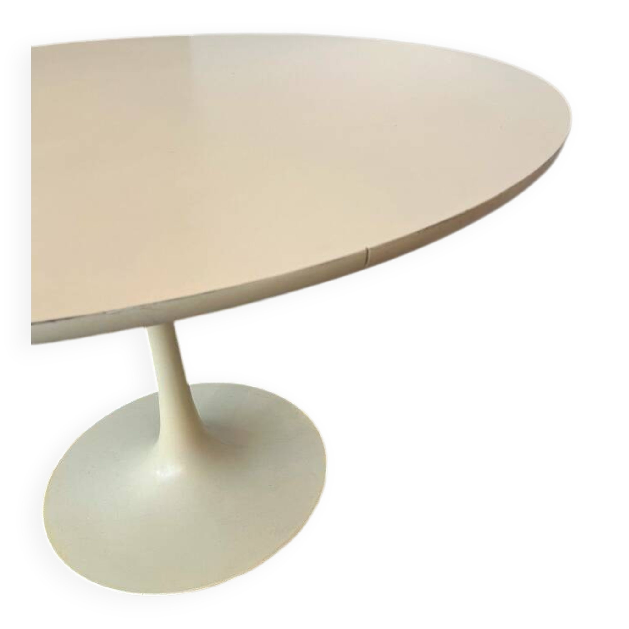 White dining table with tulip base by Maurice Burke